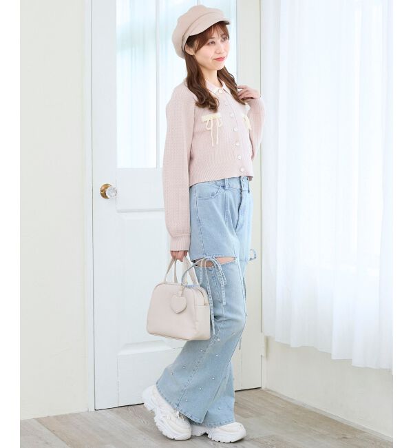  「バイカラーリボンケーブルニットカーデ」|カーディガン|