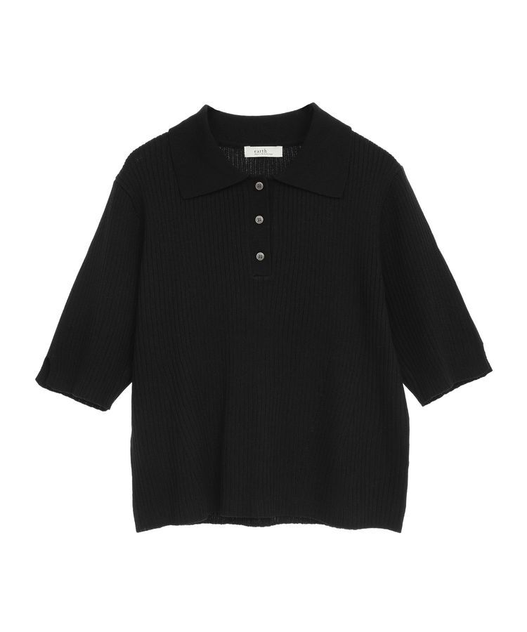 earth music&ecology「半袖ポロニットプルオーバー」|ニット・セーター|Black