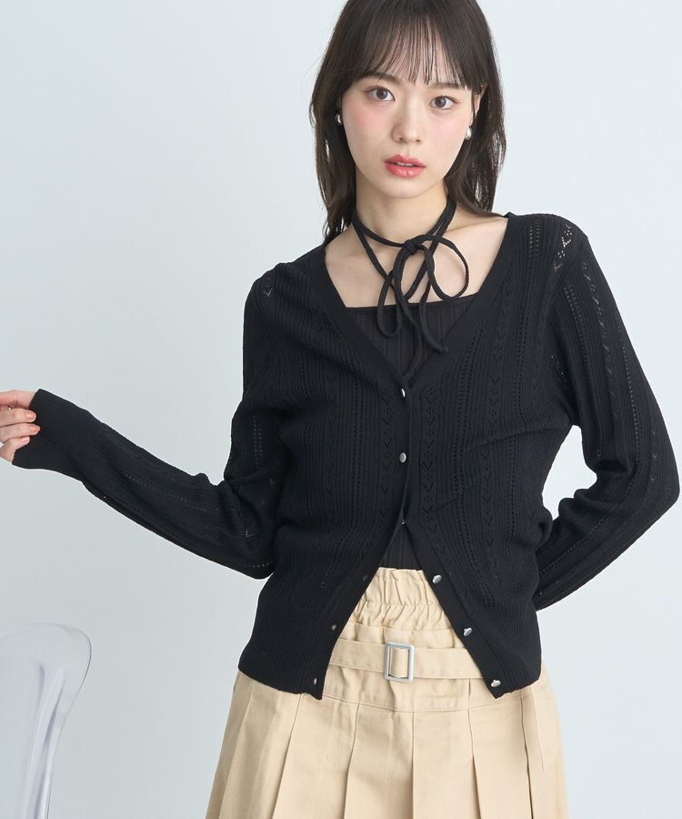 earth music&ecology「シルバーボタン透かし編みニットカーディガン」|カーディガン|Black