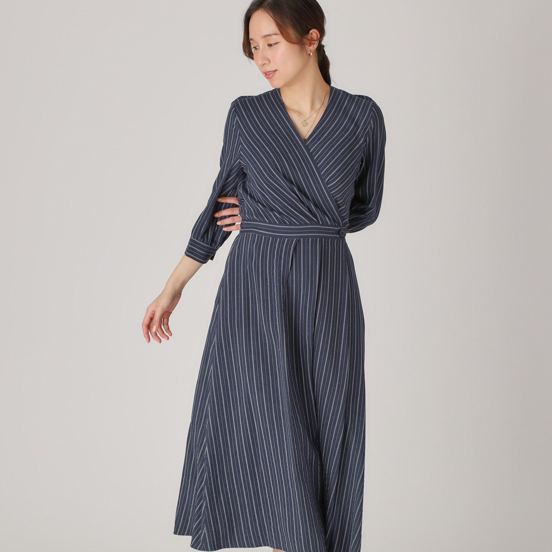 COUP DE CHANCE「【洗える】ストライプ柄 カシュクールワンピース」|ワンピース|