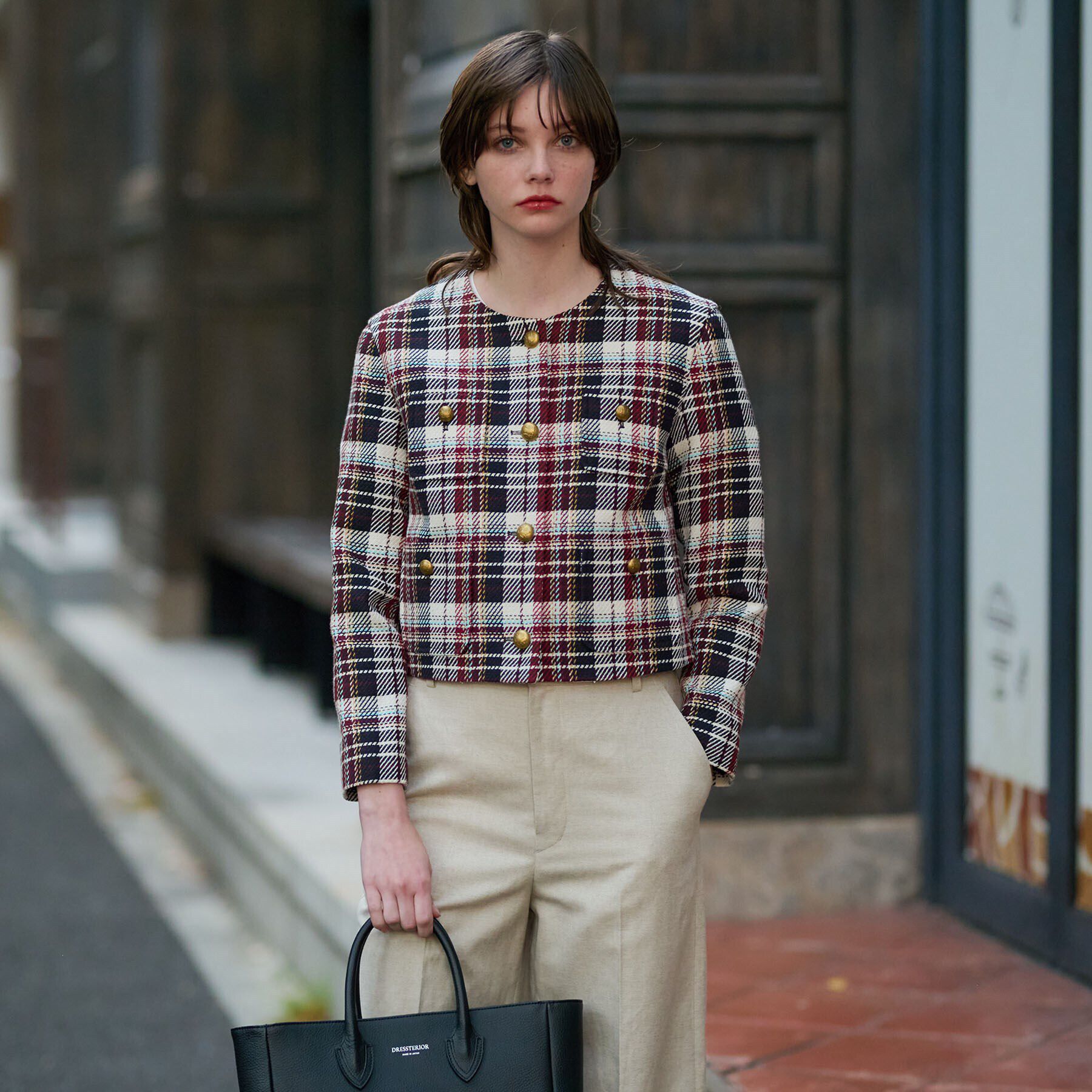 DRESSTERIOR「【DEVEAUX社ツイード使用】コンパクトチェックジャケット」|ノーカラージャケット|