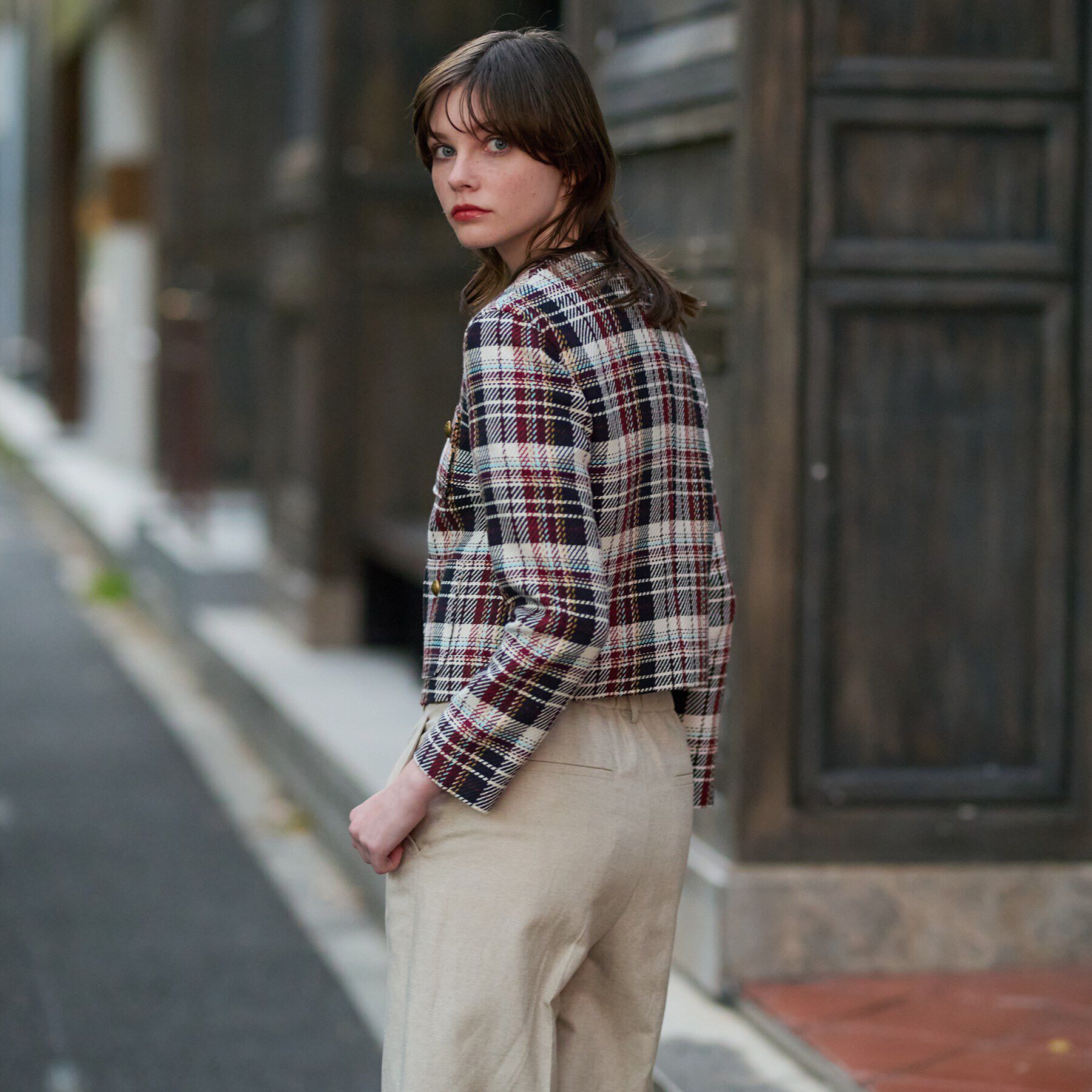 DRESSTERIOR「【DEVEAUX社ツイード使用】コンパクトチェックジャケット」|ノーカラージャケット|