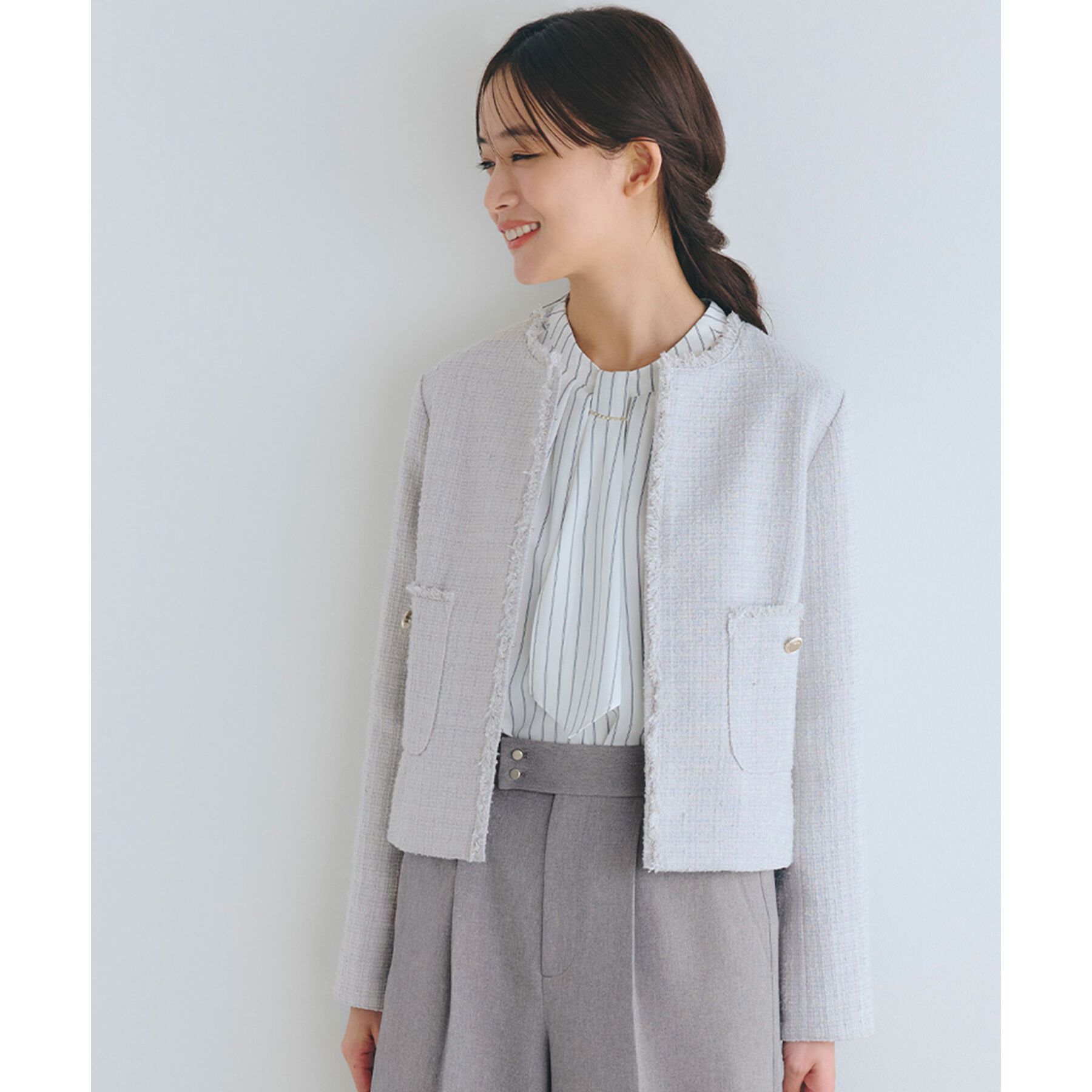 grove「【雑誌掲載】ツイードコンパクトジャケット」|ノーカラージャケット|ライトグレー(410