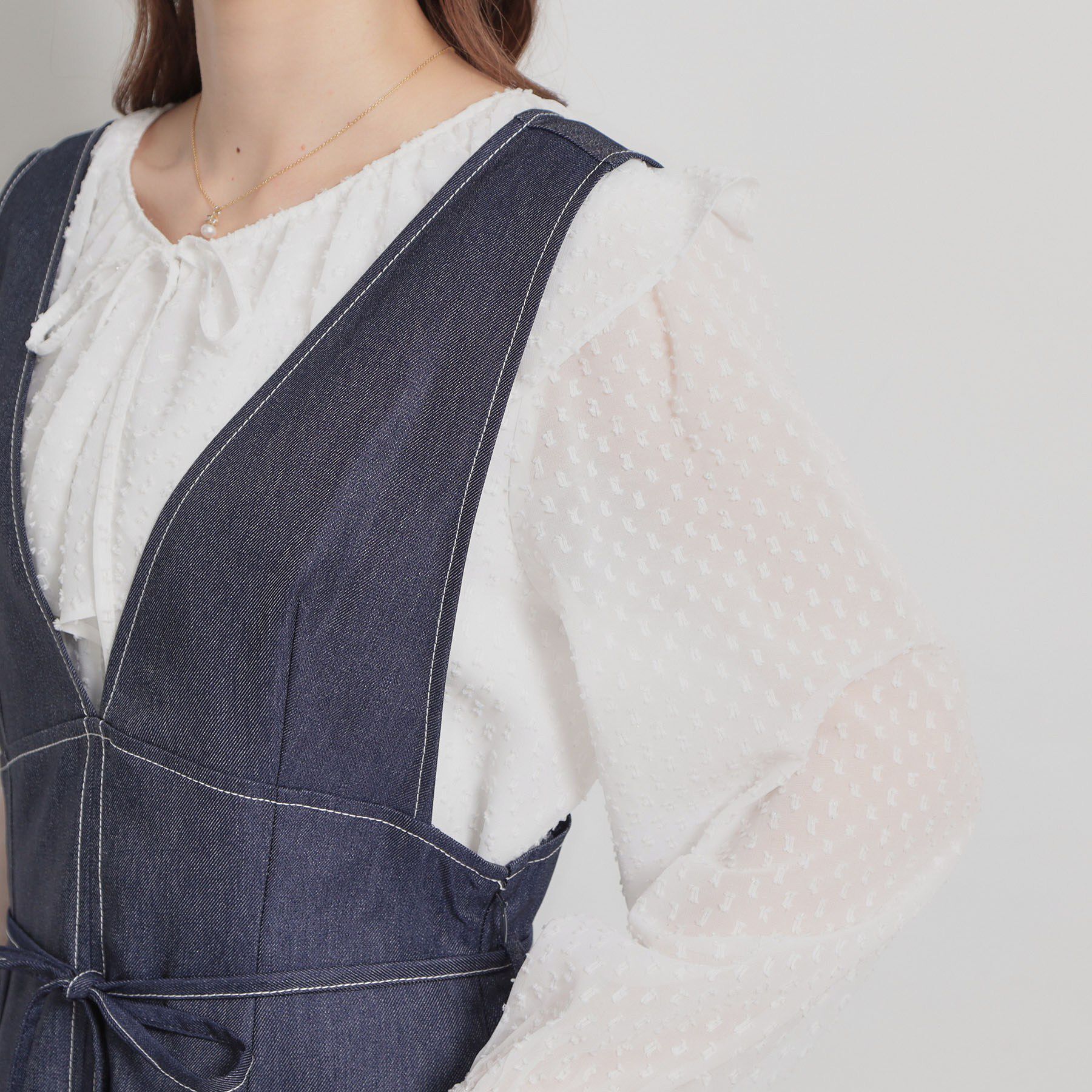 Couture broach「【洗える】デニムライク細リボンジャンスカ」|ワンピース|