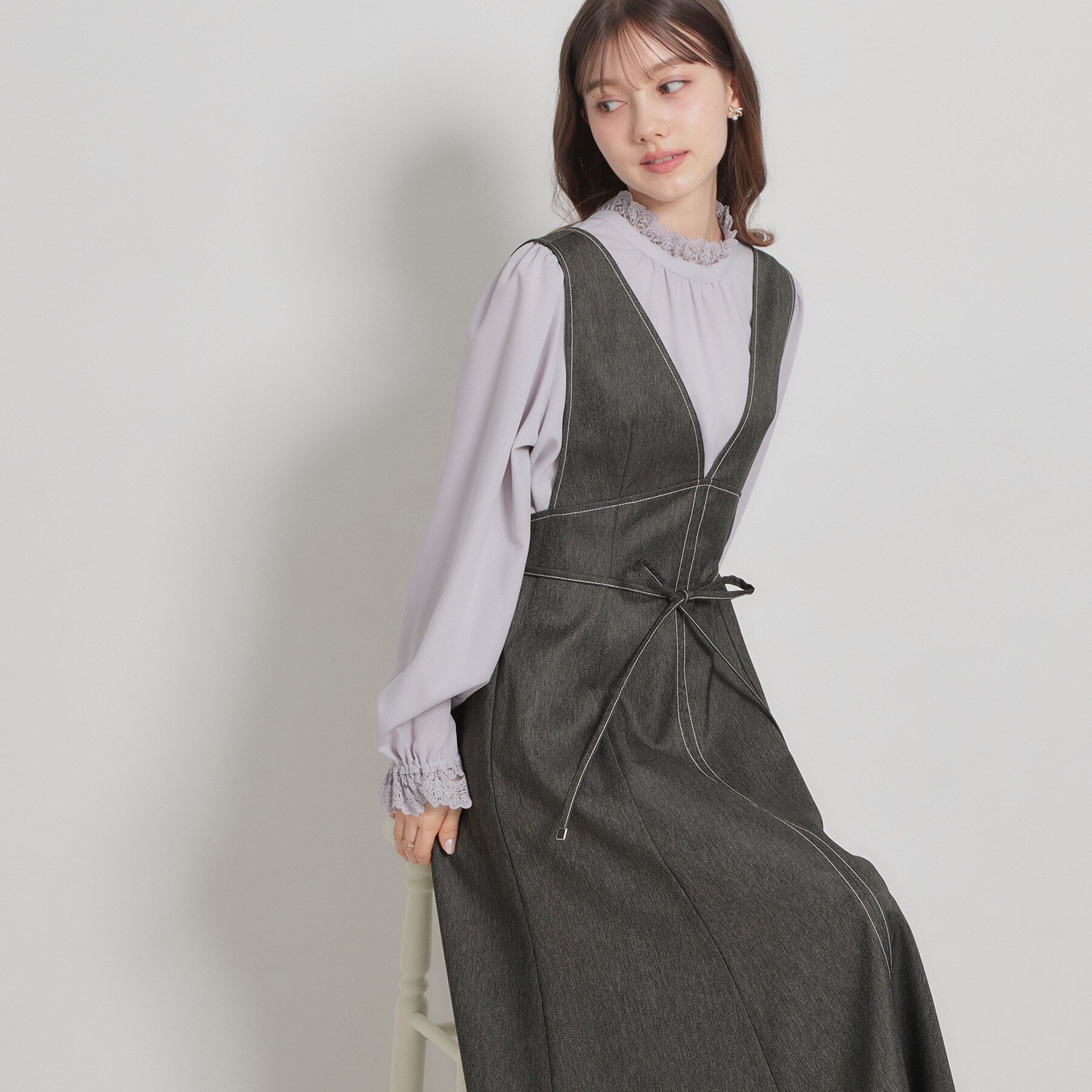 Couture broach「【洗える】デニムライク細リボンジャンスカ」|ワンピース|