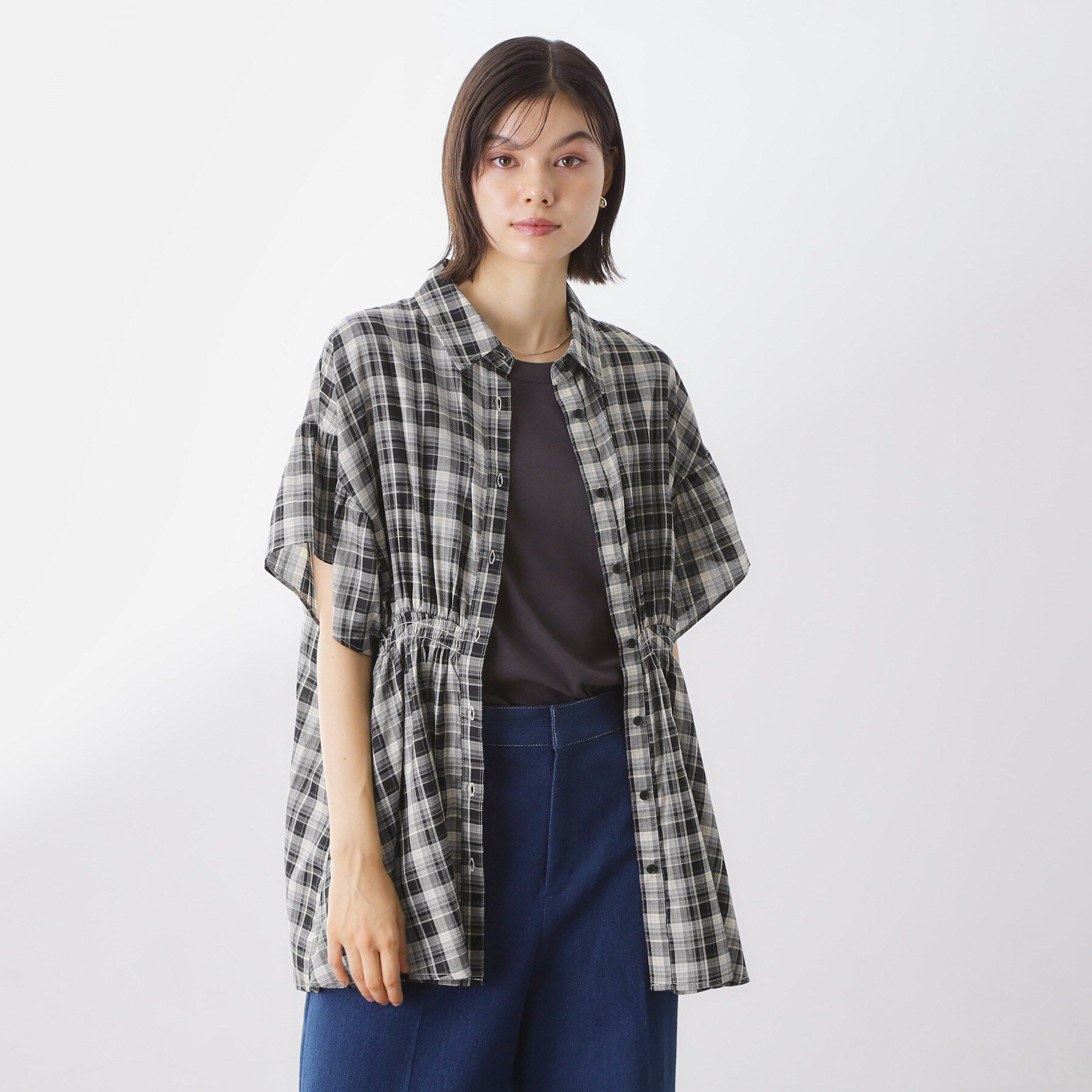 THE SHOP TK「チェック柄チュニックブラウス」|シャツ・ブラウス|ブラック(219)