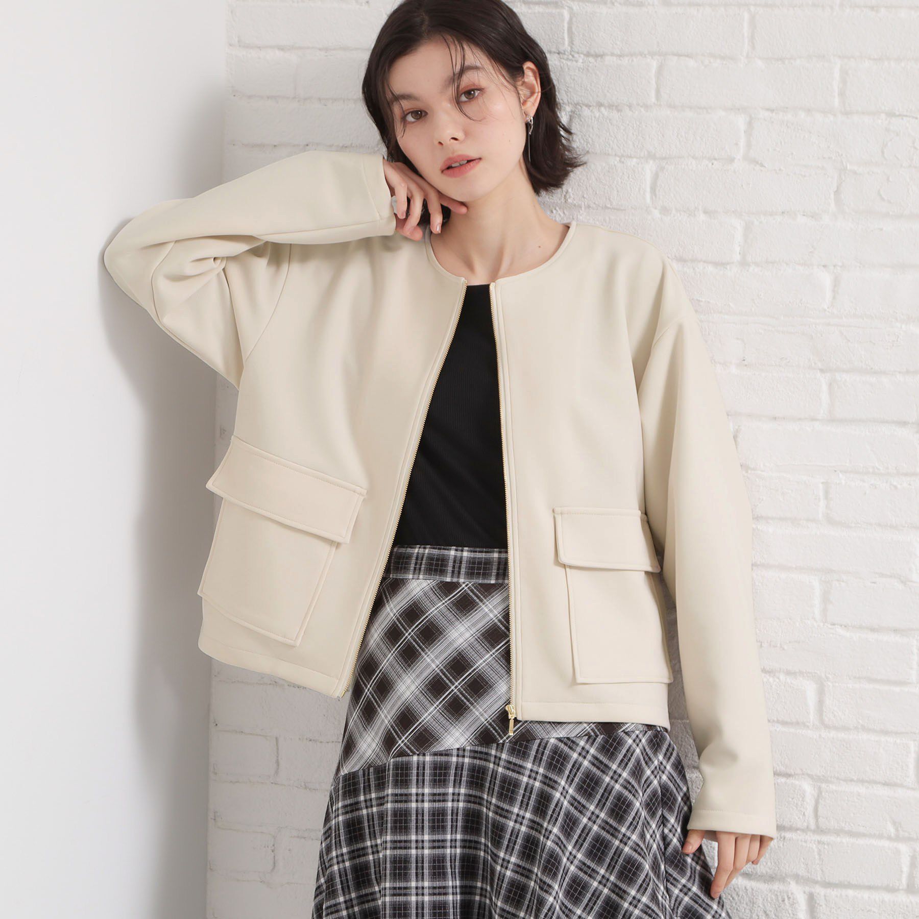 THE SHOP TK「ダンボールカルゼジャケット」|ノーカラージャケット|ライトベージュ(05