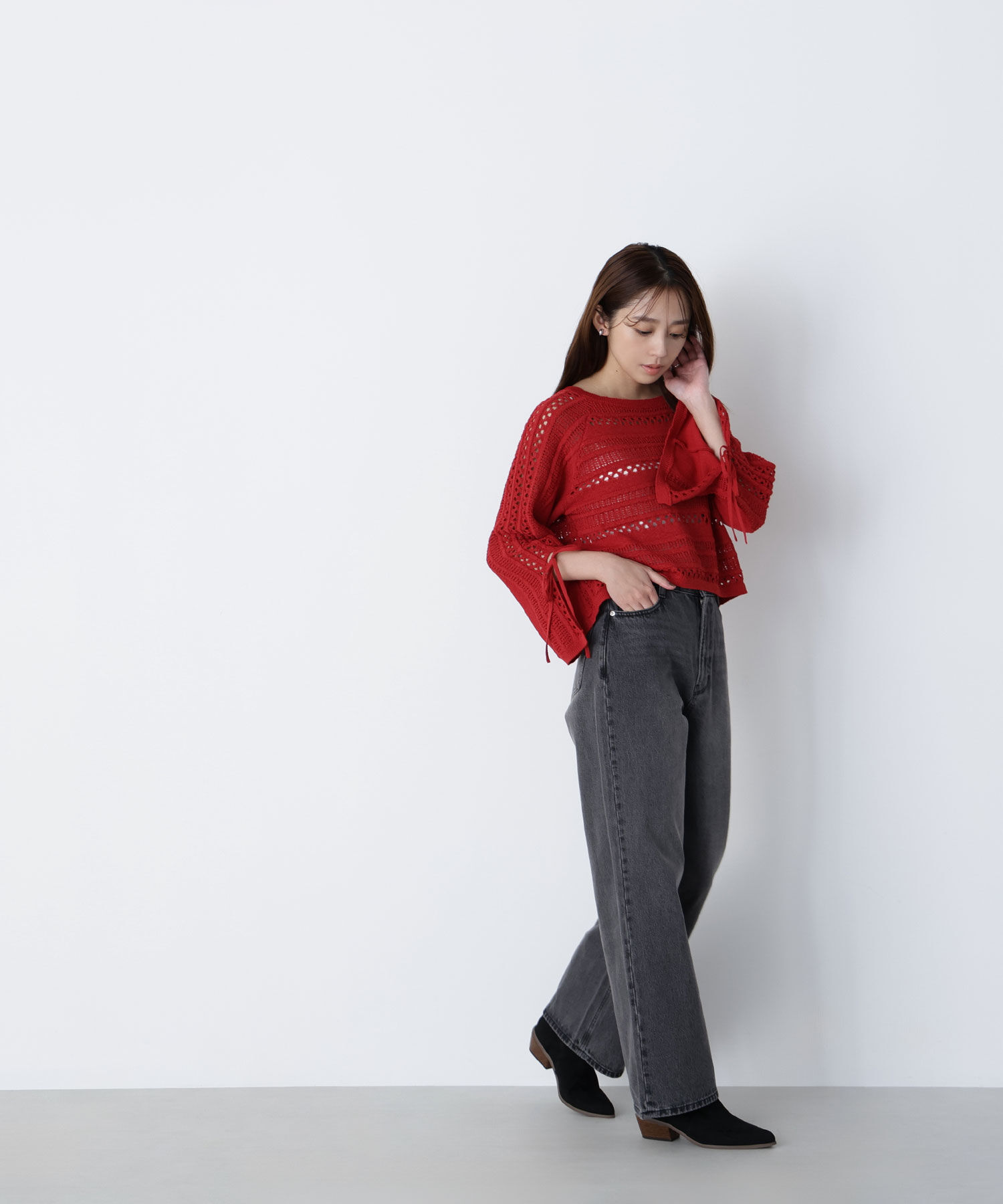  「透かし編みリボンスリーブニット」|ニット・セーター|