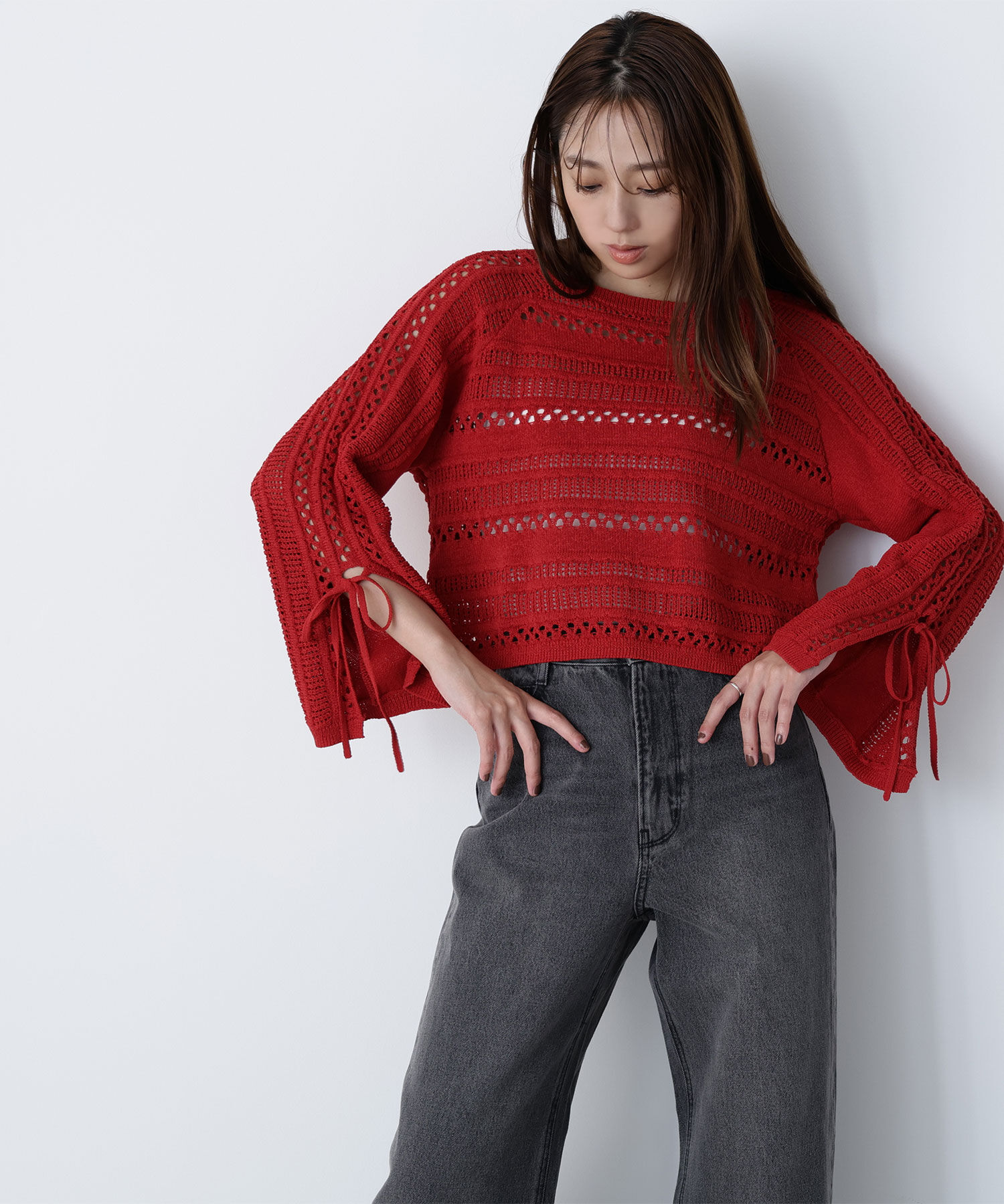  「透かし編みリボンスリーブニット」|ニット・セーター|