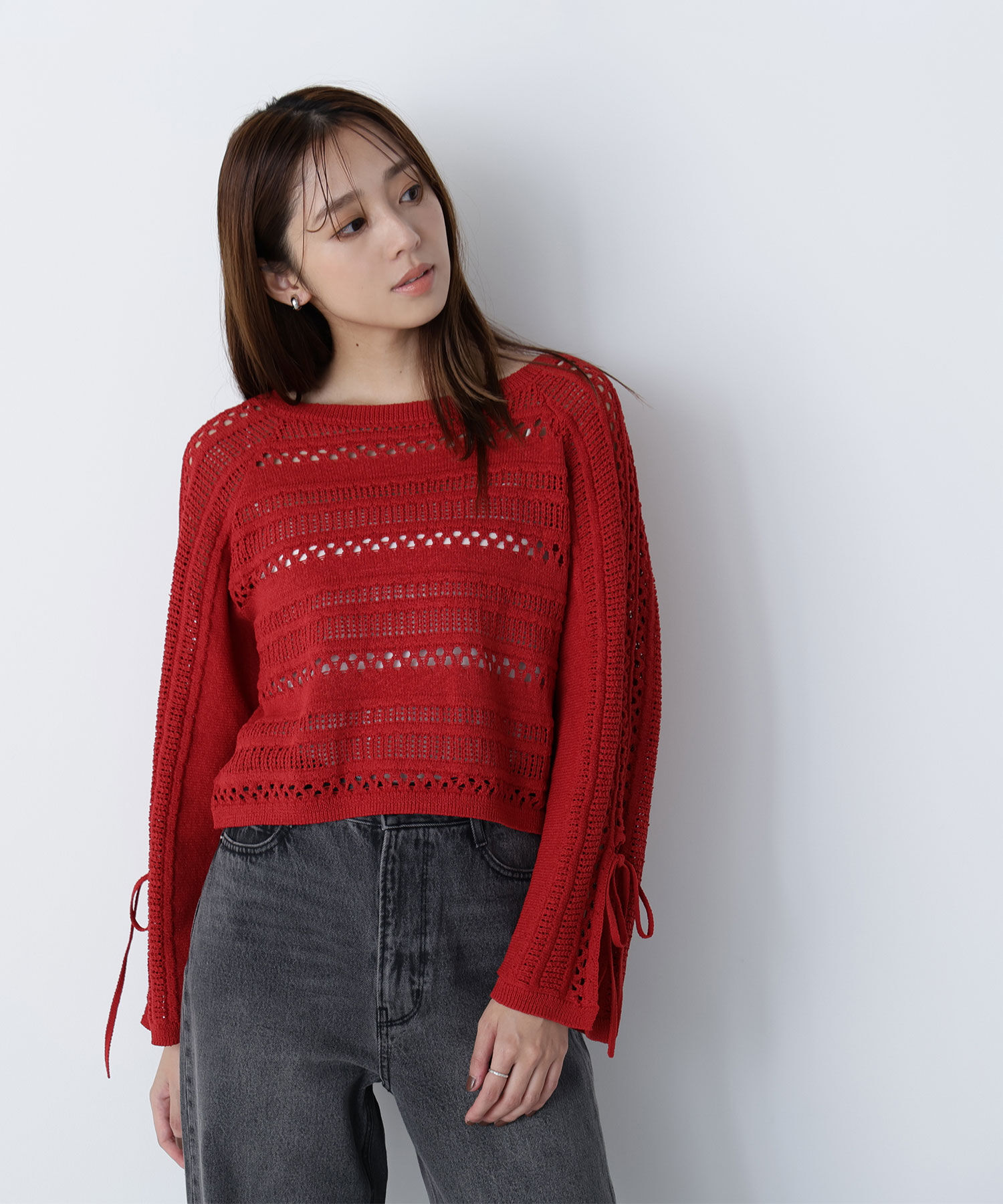  「透かし編みリボンスリーブニット」|ニット・セーター|