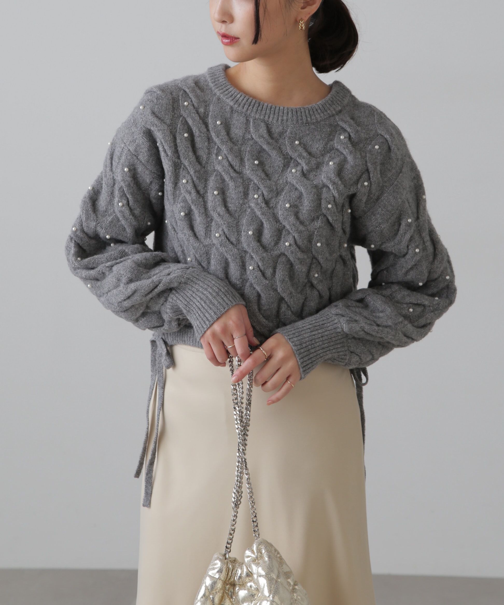  「ウエストゴムパールミックスケーブルドロストニット」|ニット・セーター|