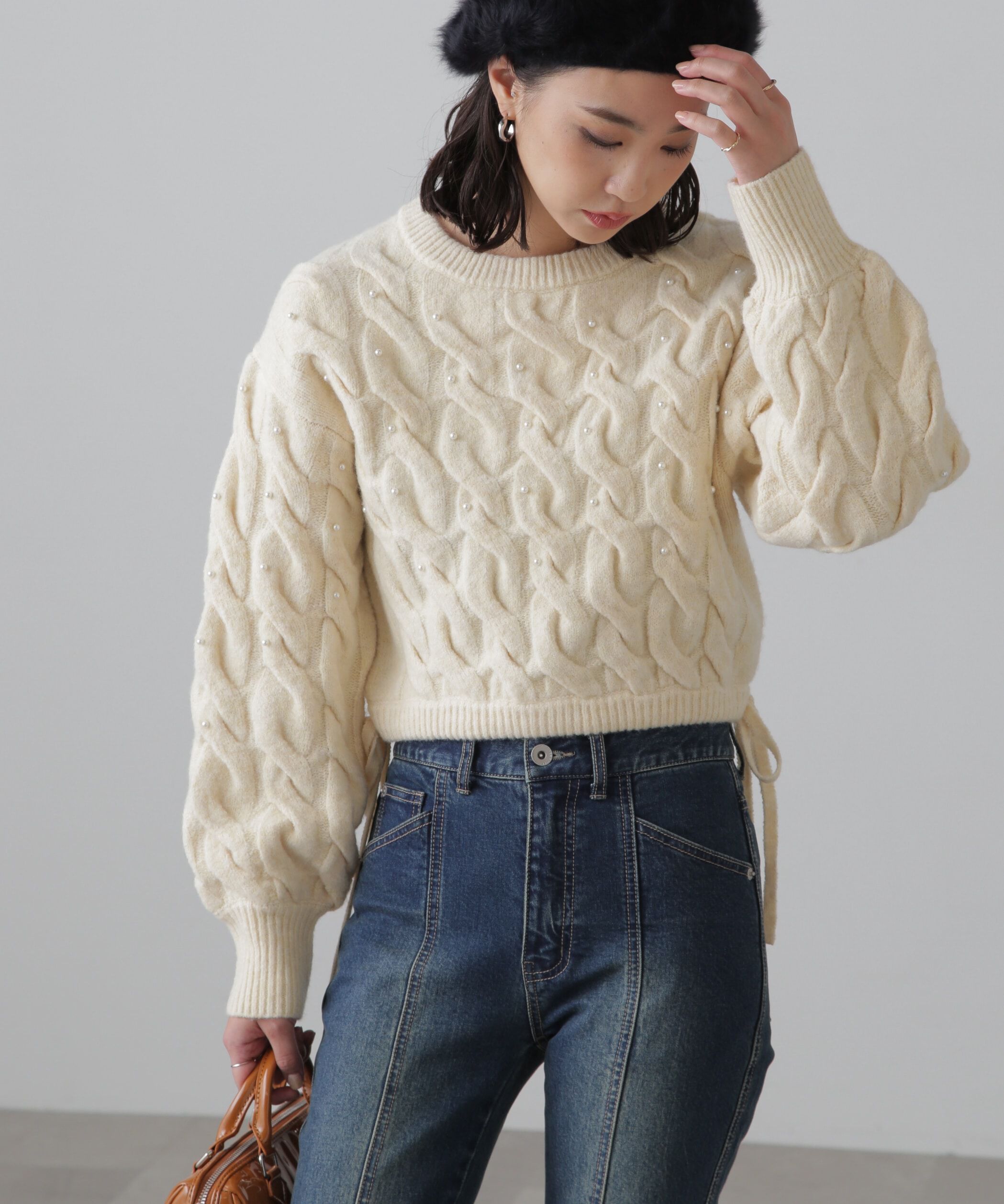  「ウエストゴムパールミックスケーブルドロストニット」|ニット・セーター|