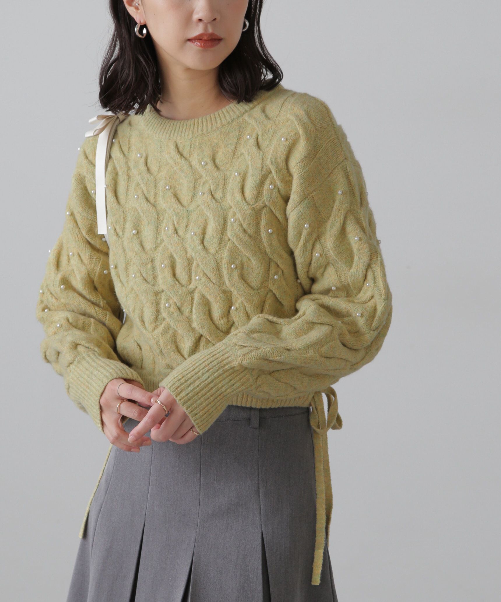 「ウエストゴムパールミックスケーブルドロストニット」|ニット・セーター|イエロー