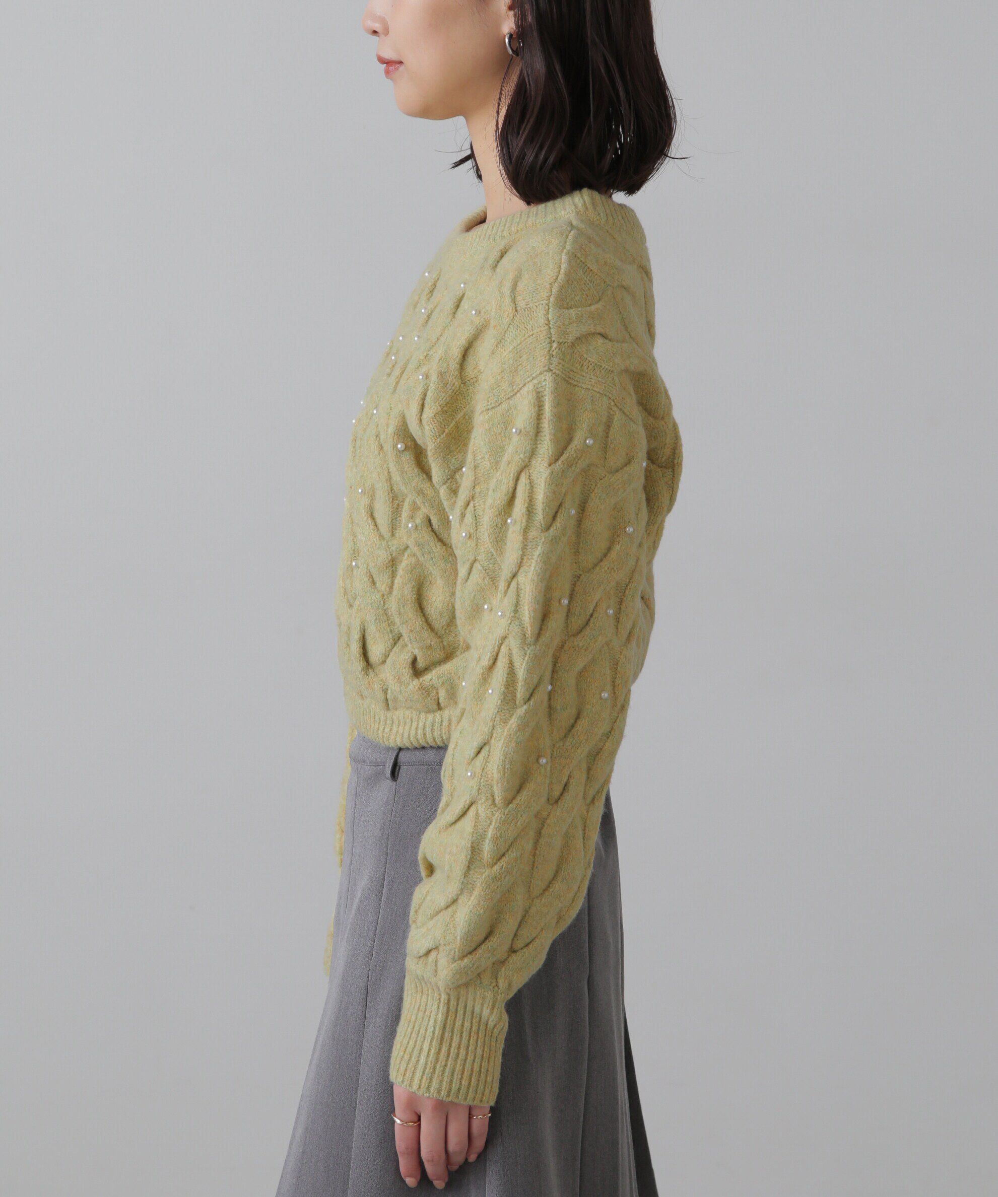  「ウエストゴムパールミックスケーブルドロストニット」|ニット・セーター|