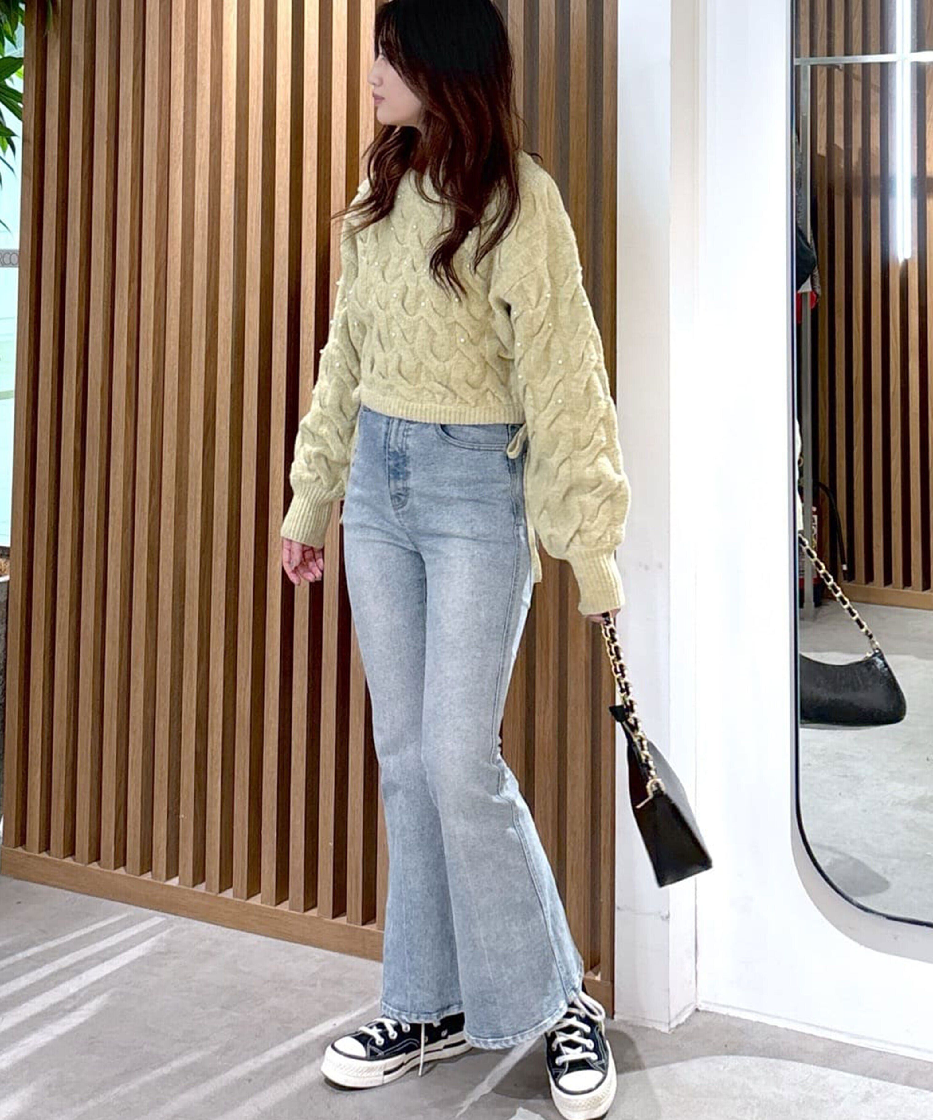  「ウエストゴムパールミックスケーブルドロストニット」|ニット・セーター|