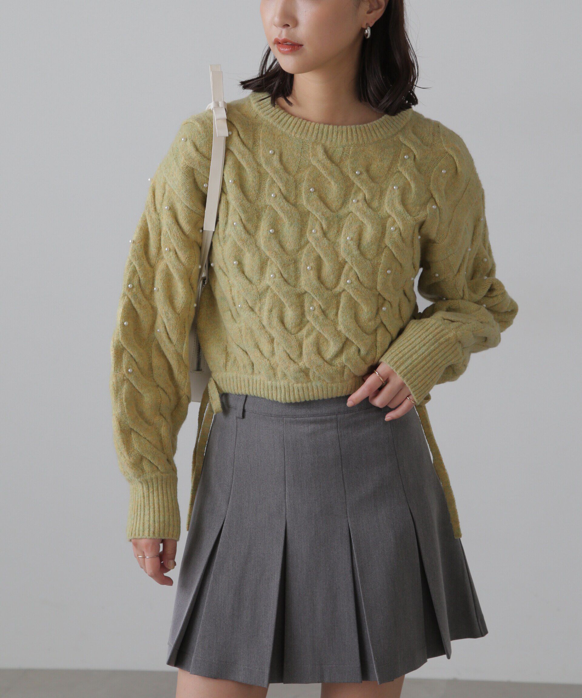  「ウエストゴムパールミックスケーブルドロストニット」|ニット・セーター|