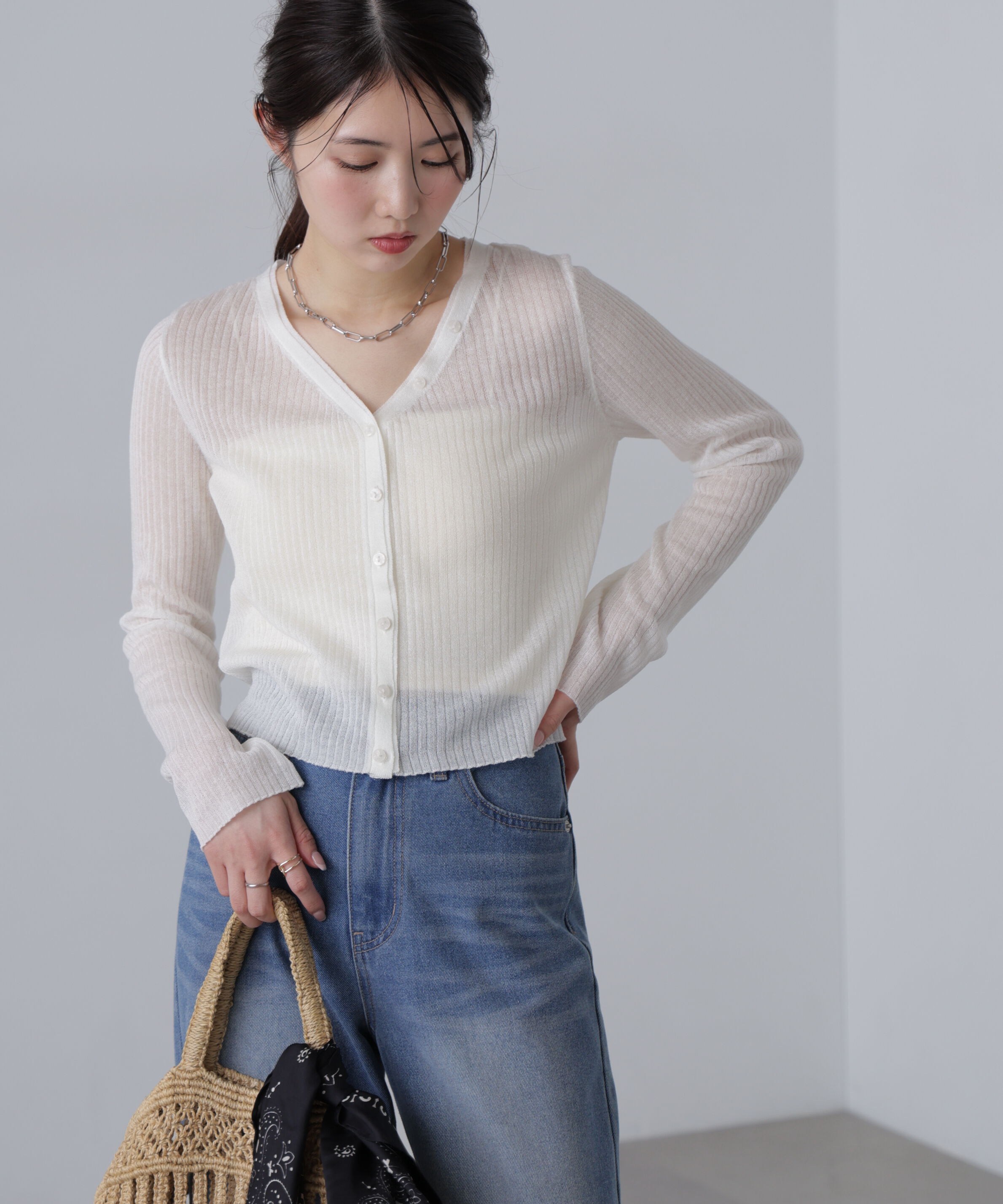  「シアーリブニットカーディガン」|ニット・セーター|ホワイト