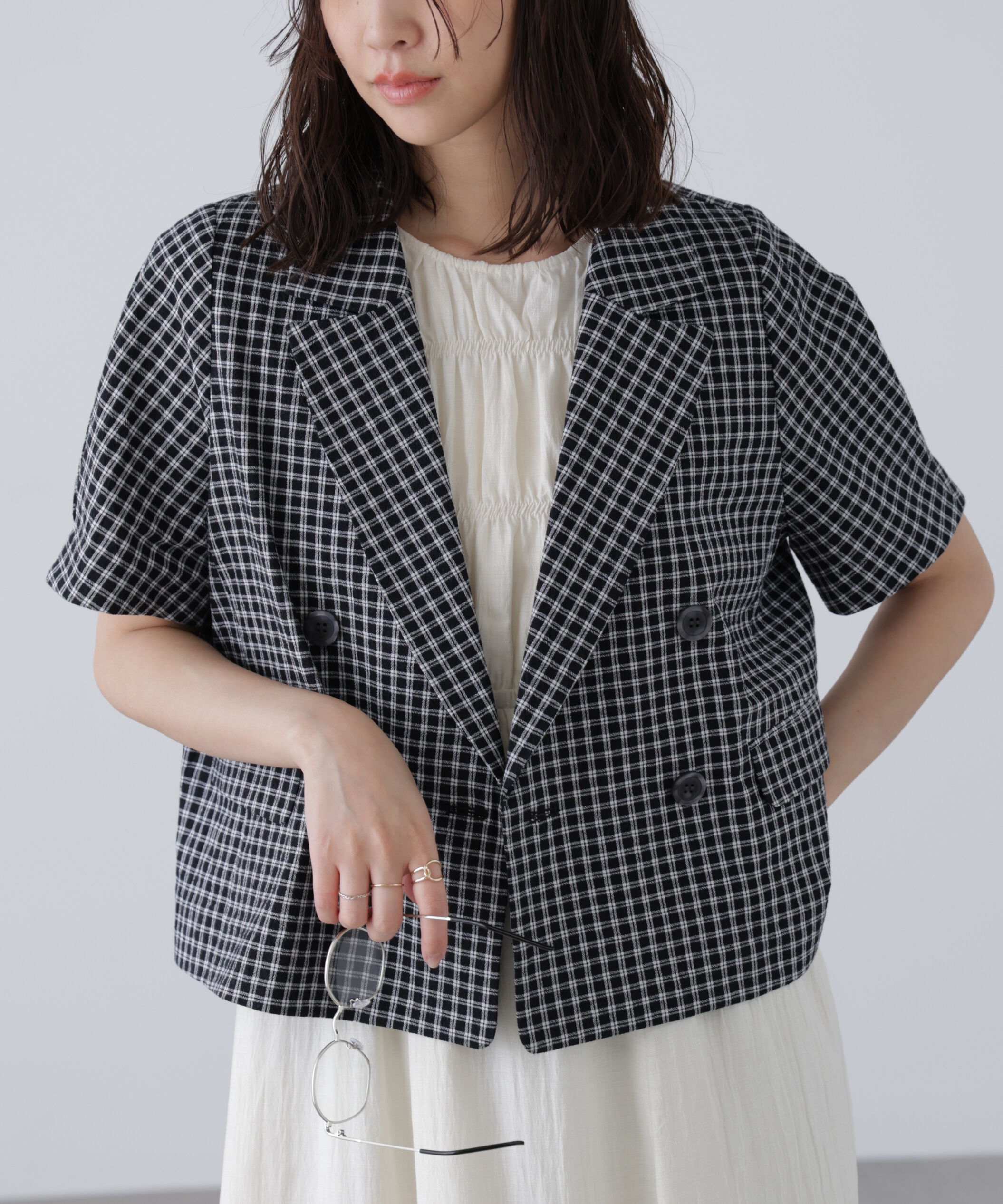  「袖コクーンダブルブレストハーフジャケット」|その他|