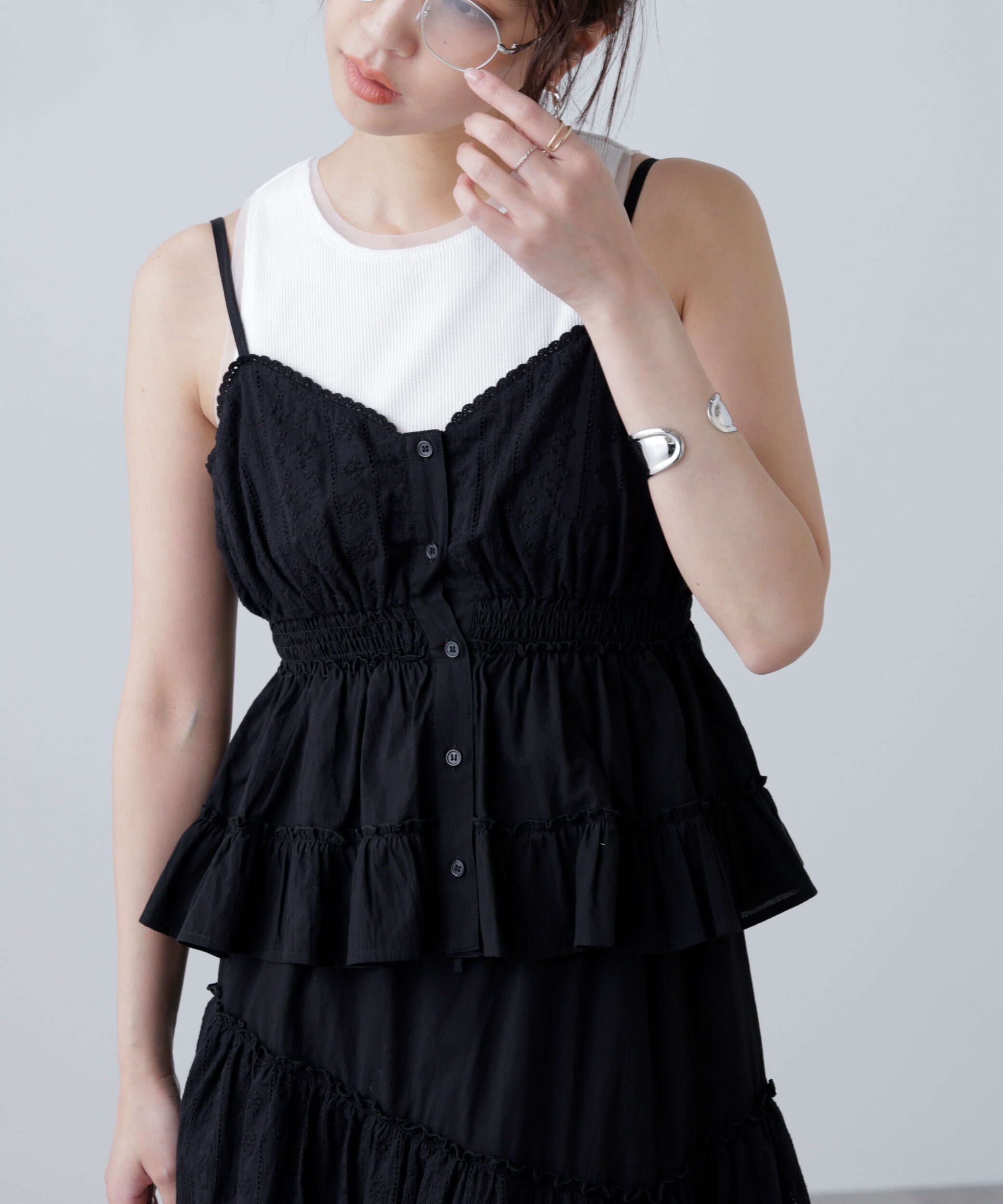 「レーストリムコットンキャミソール」|シャツ・ブラウス|ブラック