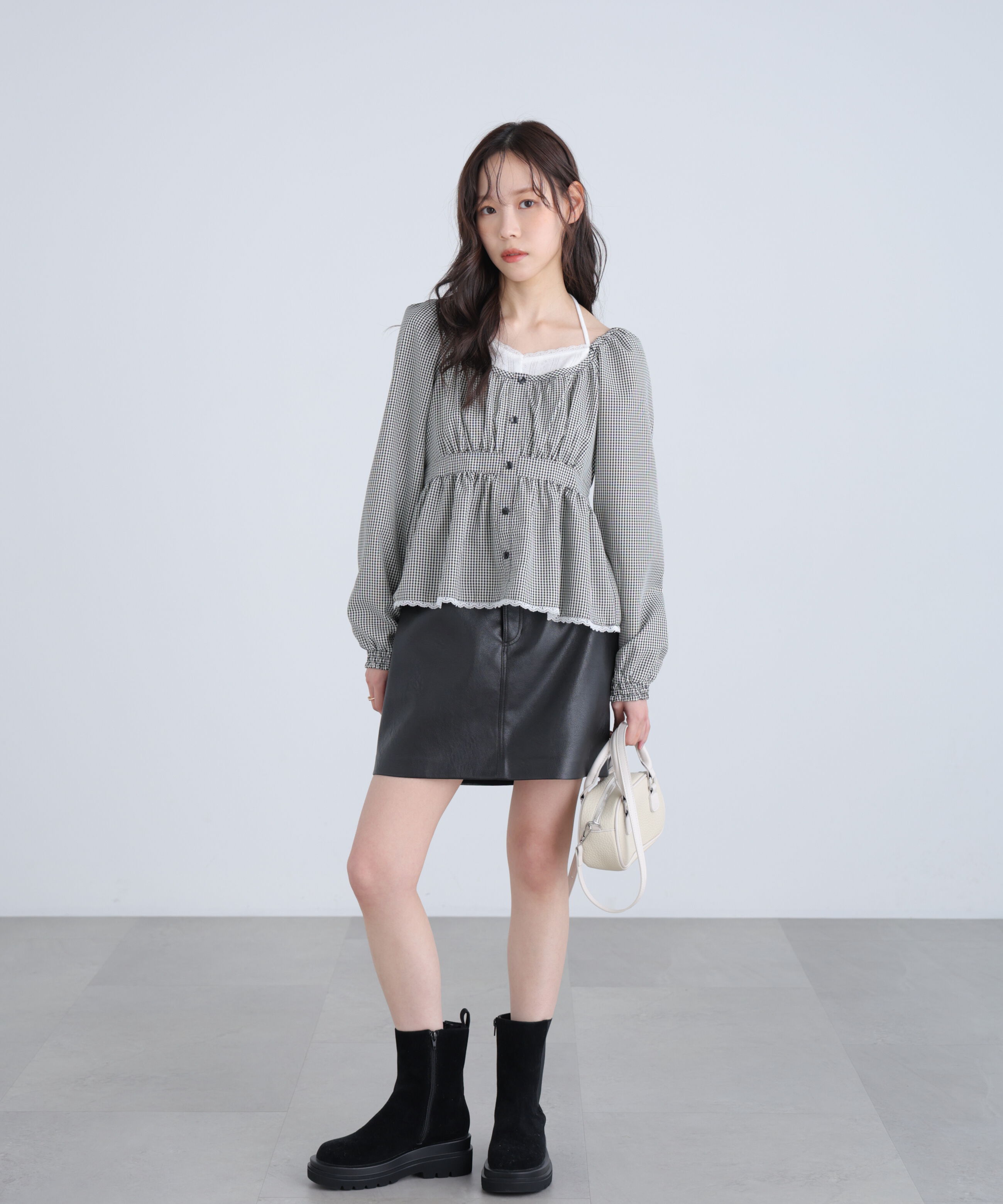  「レイヤード風ギンガムチェックペプラムブラウス」|シャツ・ブラウス|
