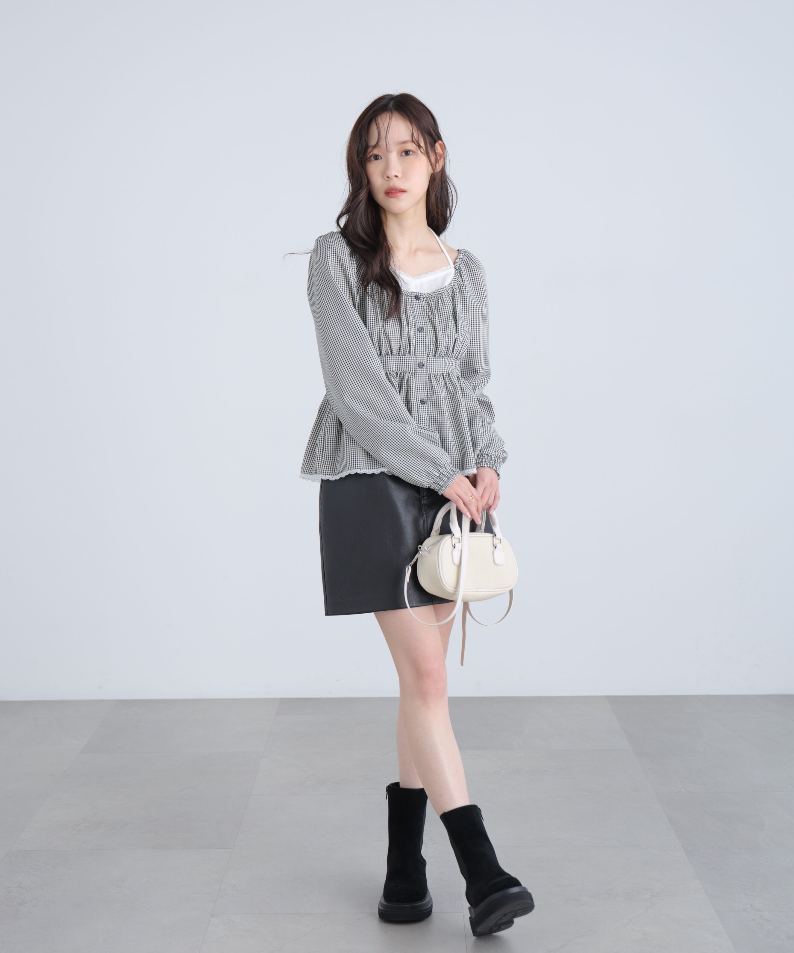  「レイヤード風ギンガムチェックペプラムブラウス」|シャツ・ブラウス|