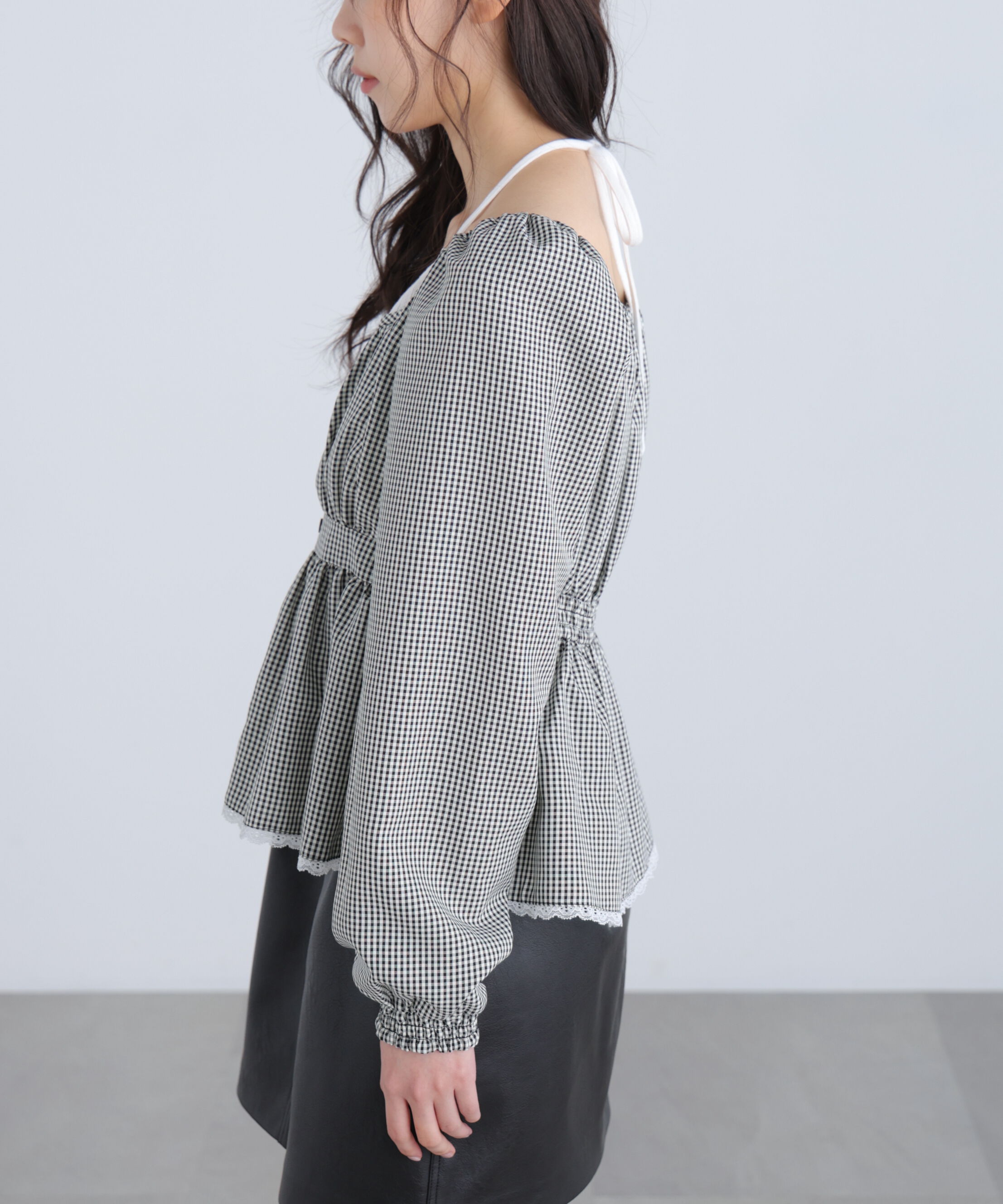  「レイヤード風ギンガムチェックペプラムブラウス」|シャツ・ブラウス|