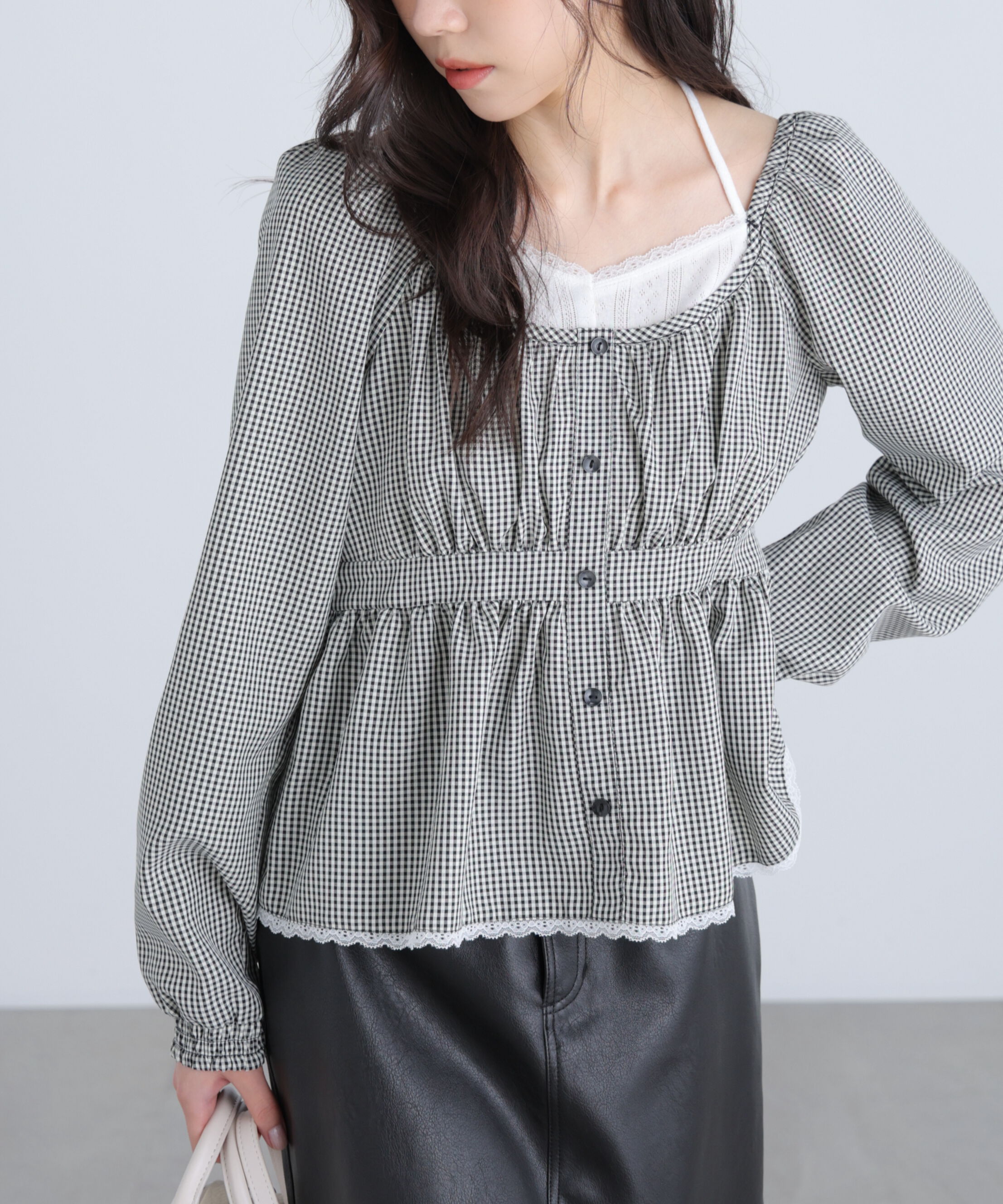  「レイヤード風ギンガムチェックペプラムブラウス」|シャツ・ブラウス|