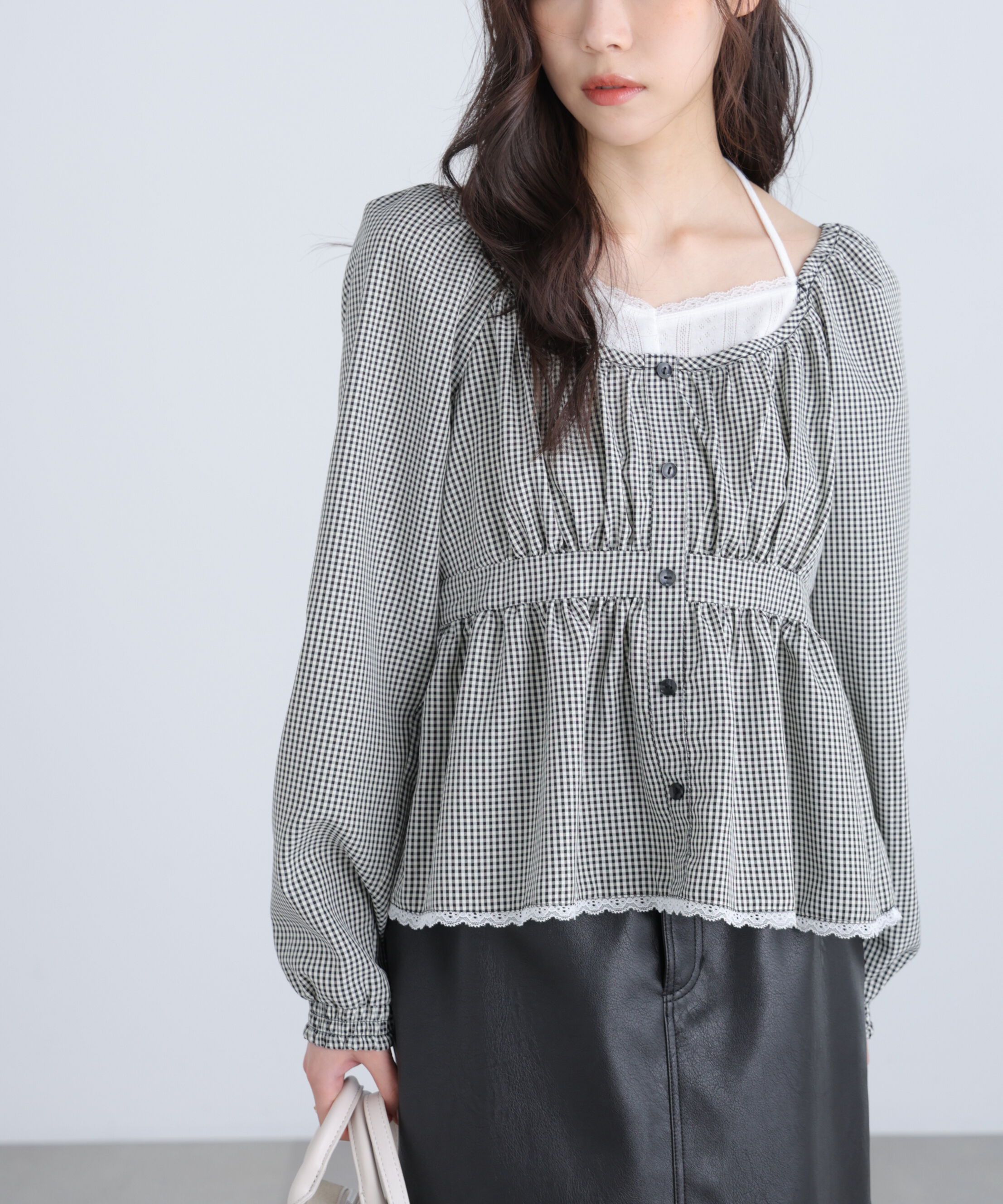 「レイヤード風ギンガムチェックペプラムブラウス」|シャツ・ブラウス|
