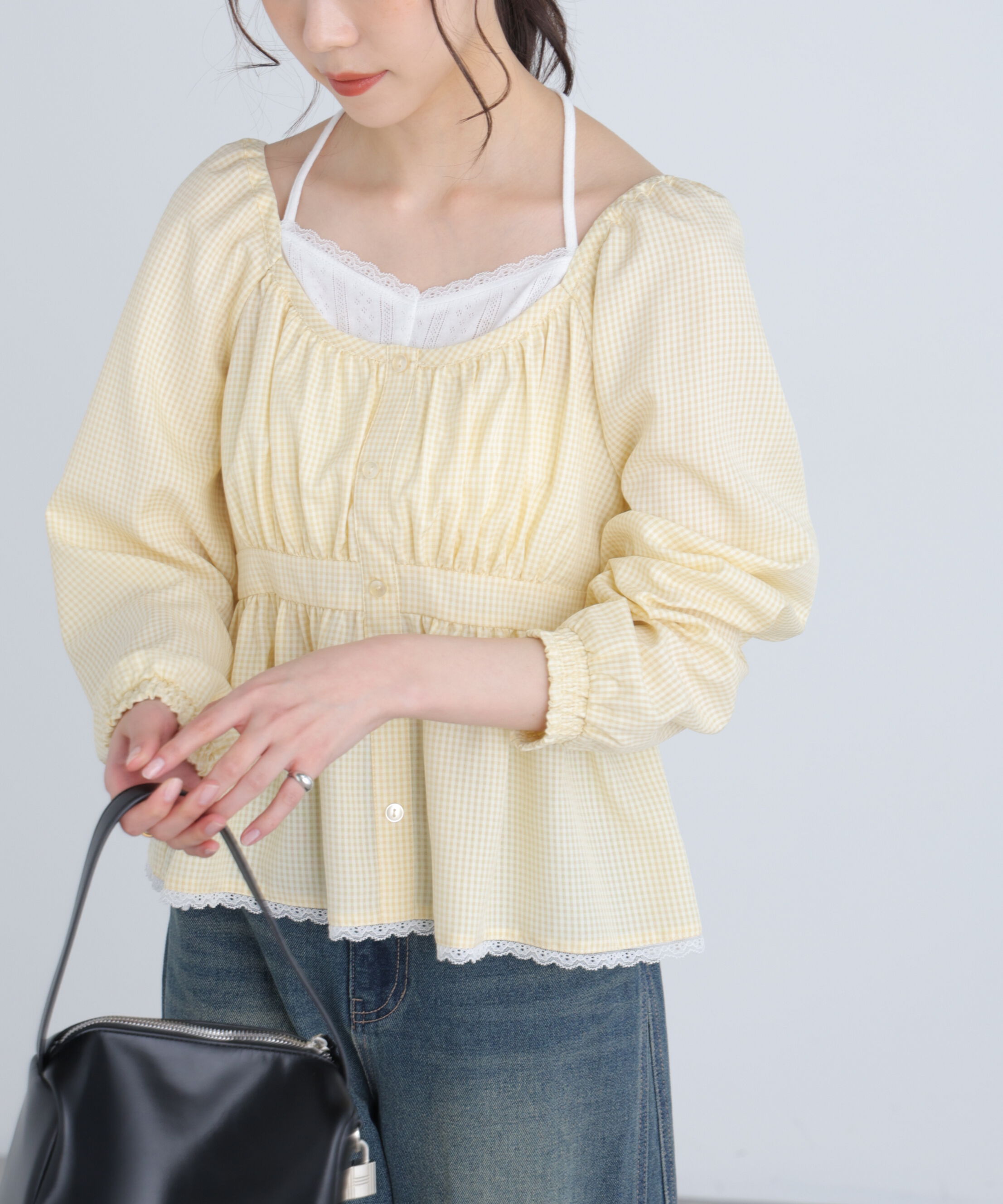  「レイヤード風ギンガムチェックペプラムブラウス」|シャツ・ブラウス|