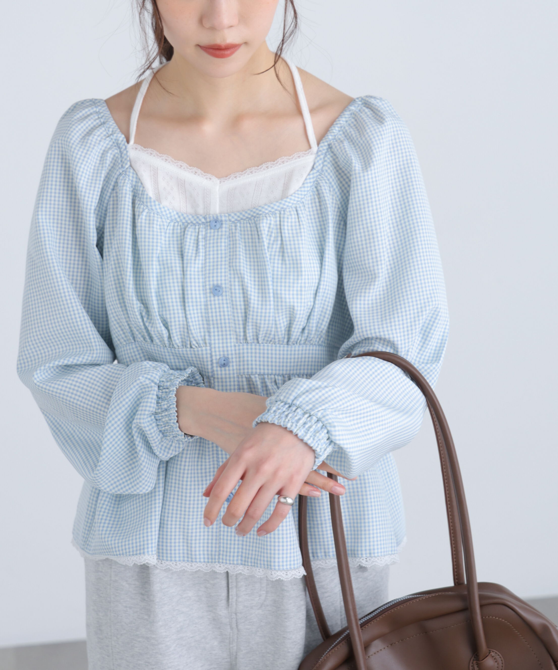  「レイヤード風ギンガムチェックペプラムブラウス」|シャツ・ブラウス|ブルーギンガ 1
