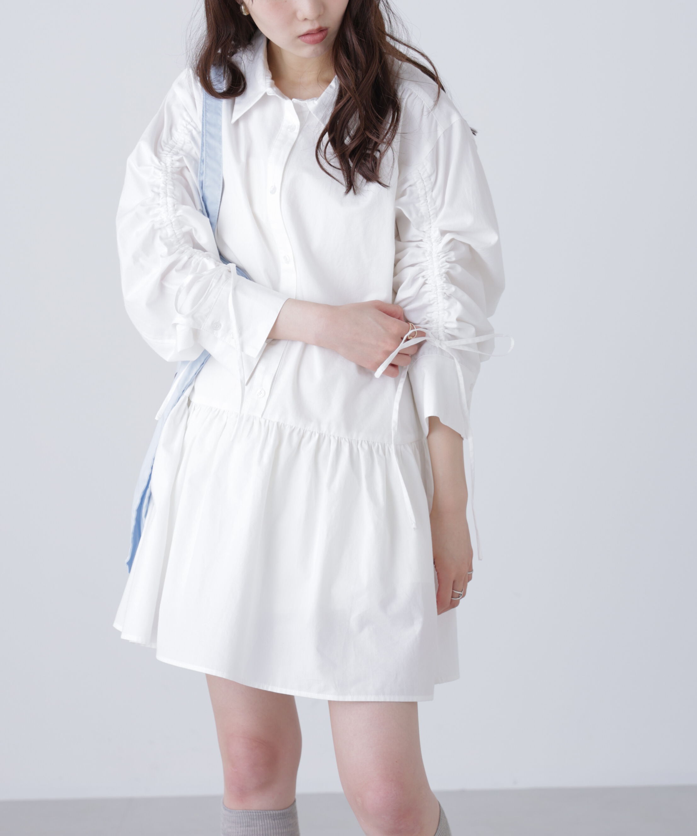  「袖ドロストティアードシャツミニワンピース」|ワンピース|