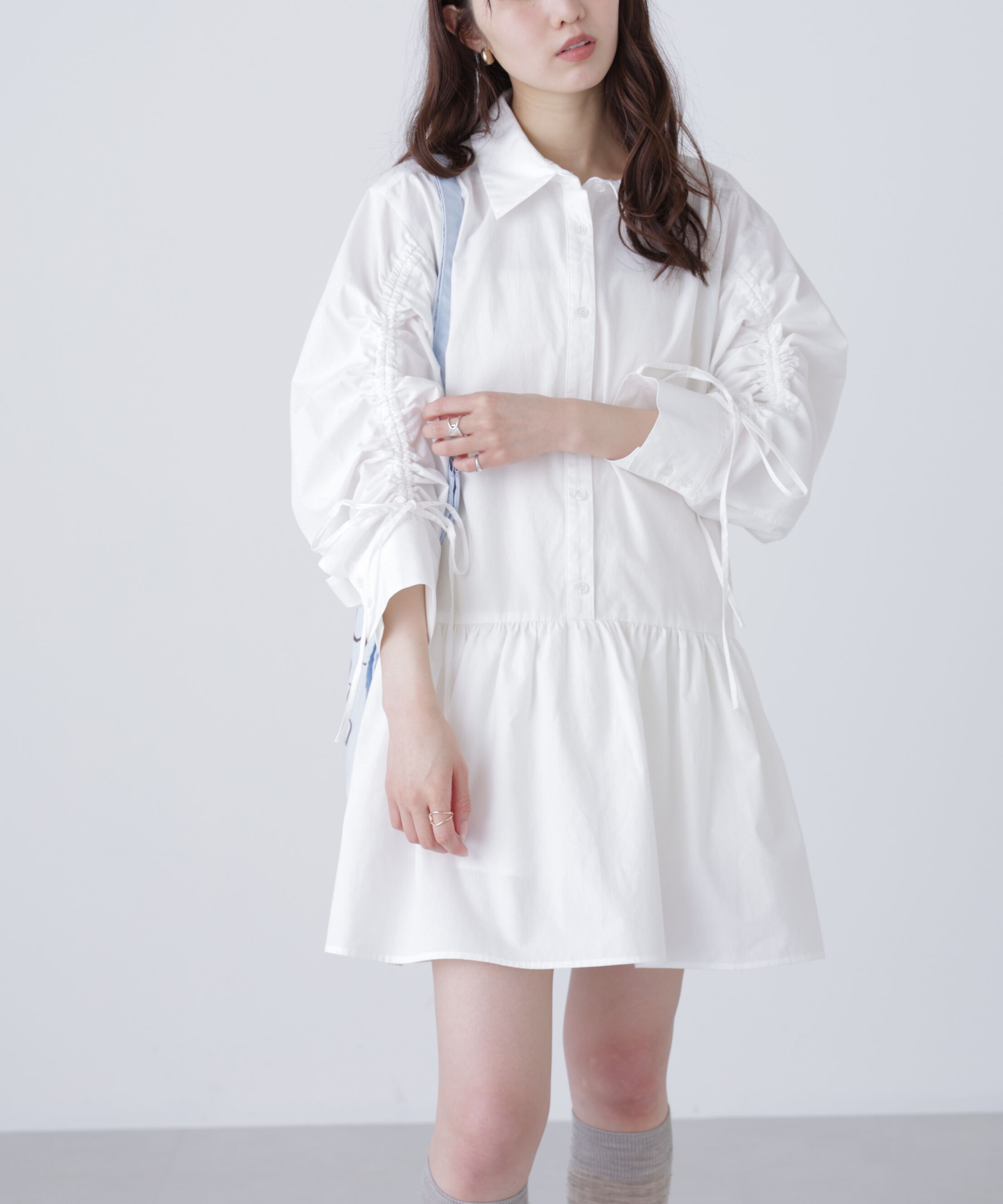  「袖ドロストティアードシャツミニワンピース」|ワンピース|