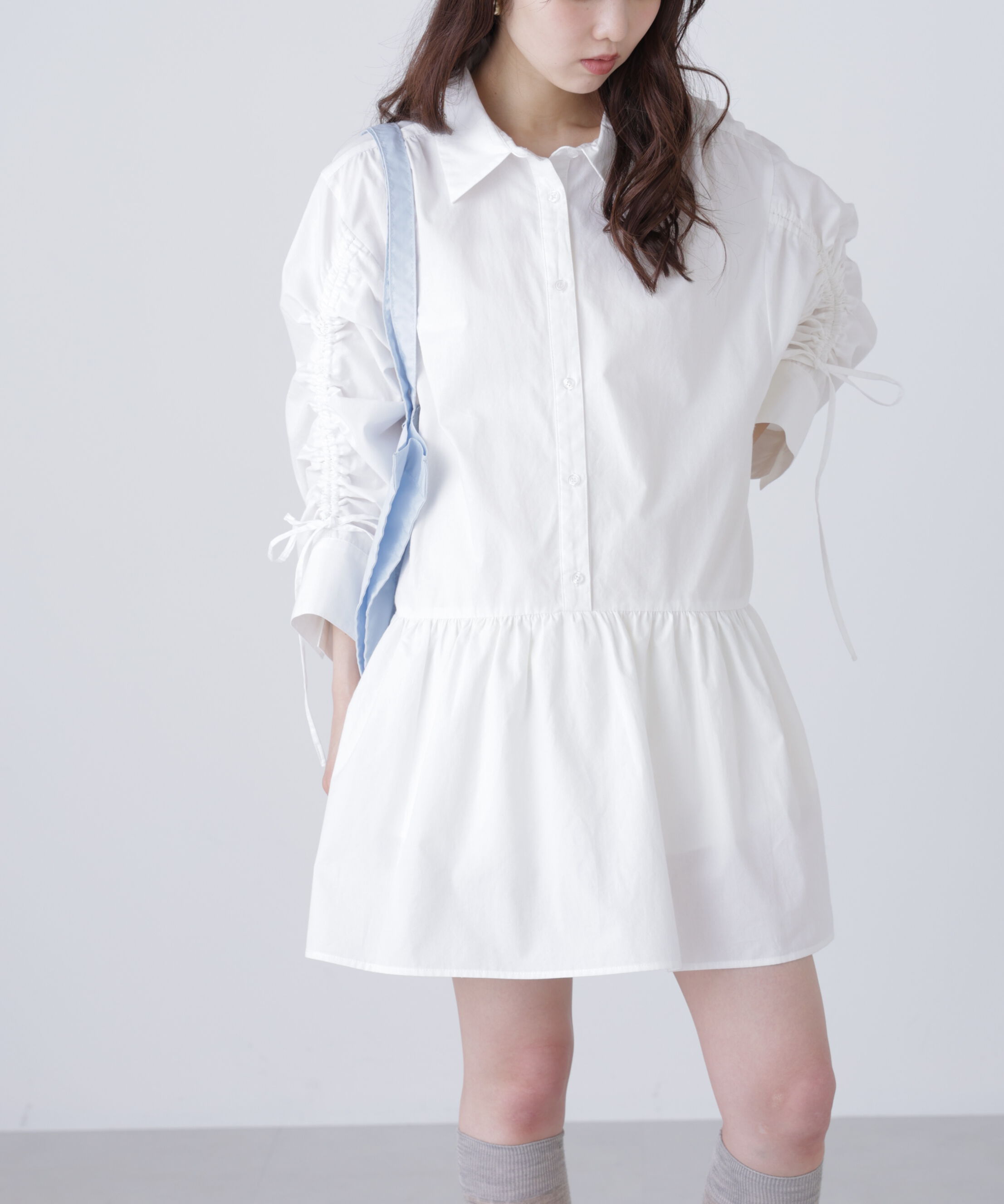  「袖ドロストティアードシャツミニワンピース」|ワンピース|