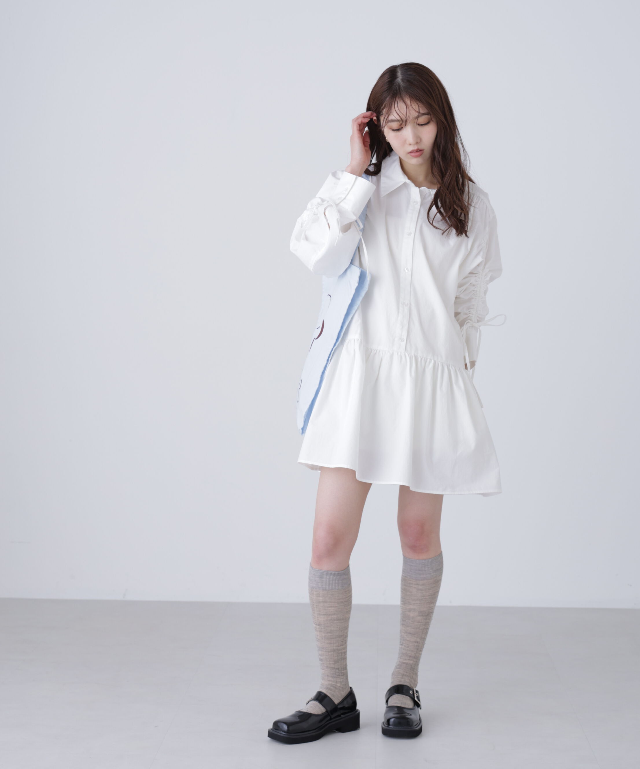  「袖ドロストティアードシャツミニワンピース」|ワンピース|