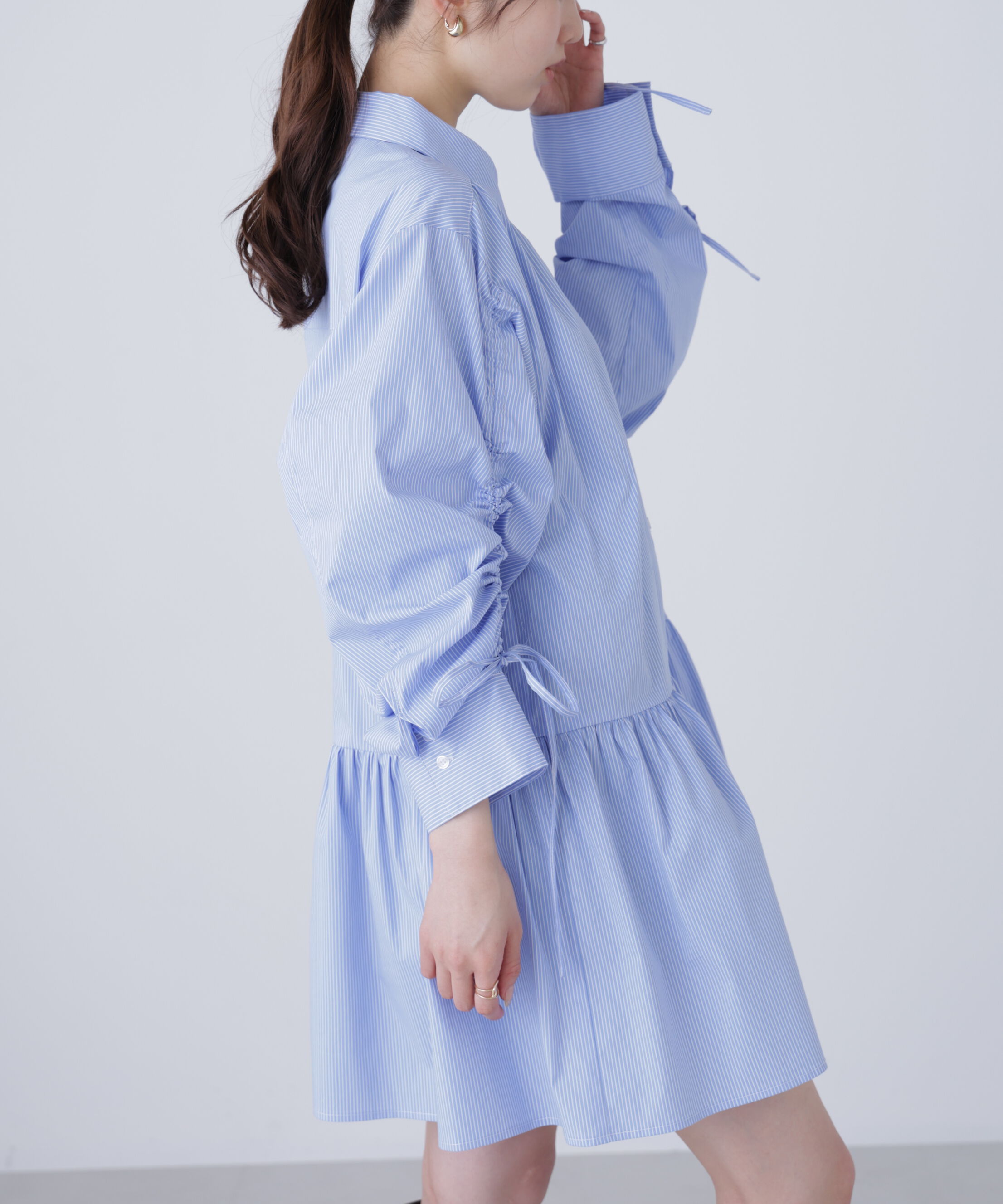  「袖ドロストティアードシャツミニワンピース」|ワンピース|