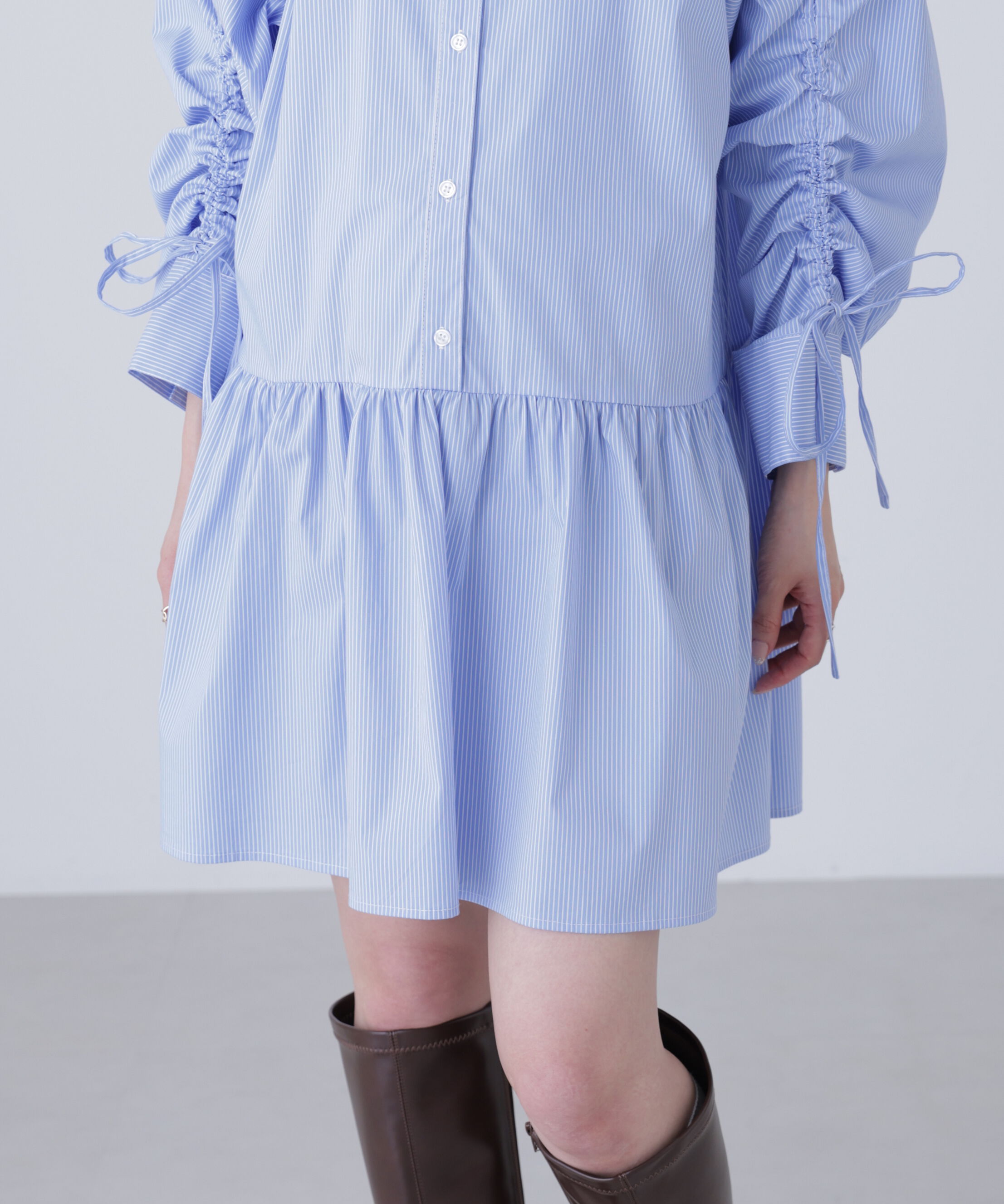  「袖ドロストティアードシャツミニワンピース」|ワンピース|