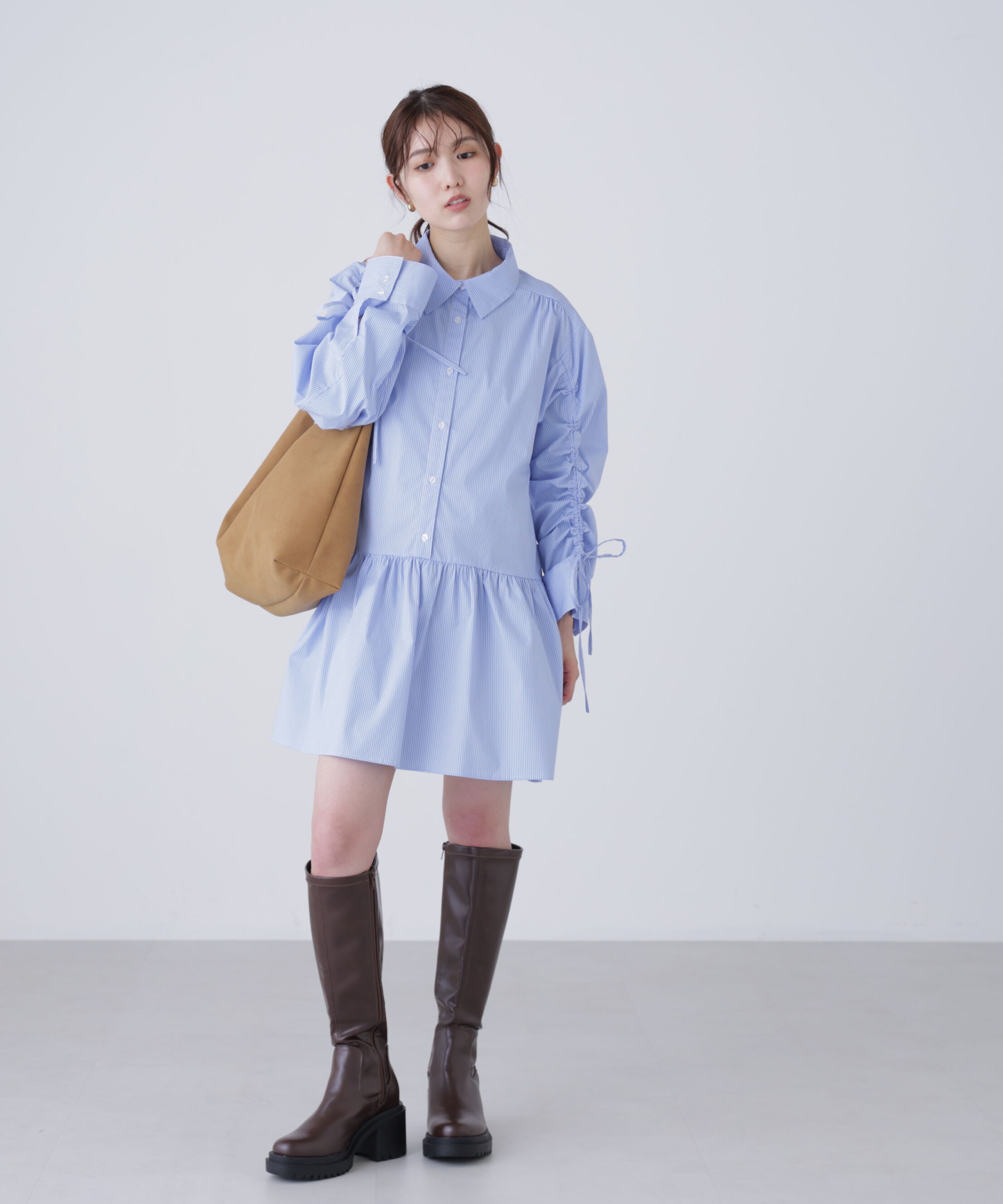  「袖ドロストティアードシャツミニワンピース」|ワンピース|