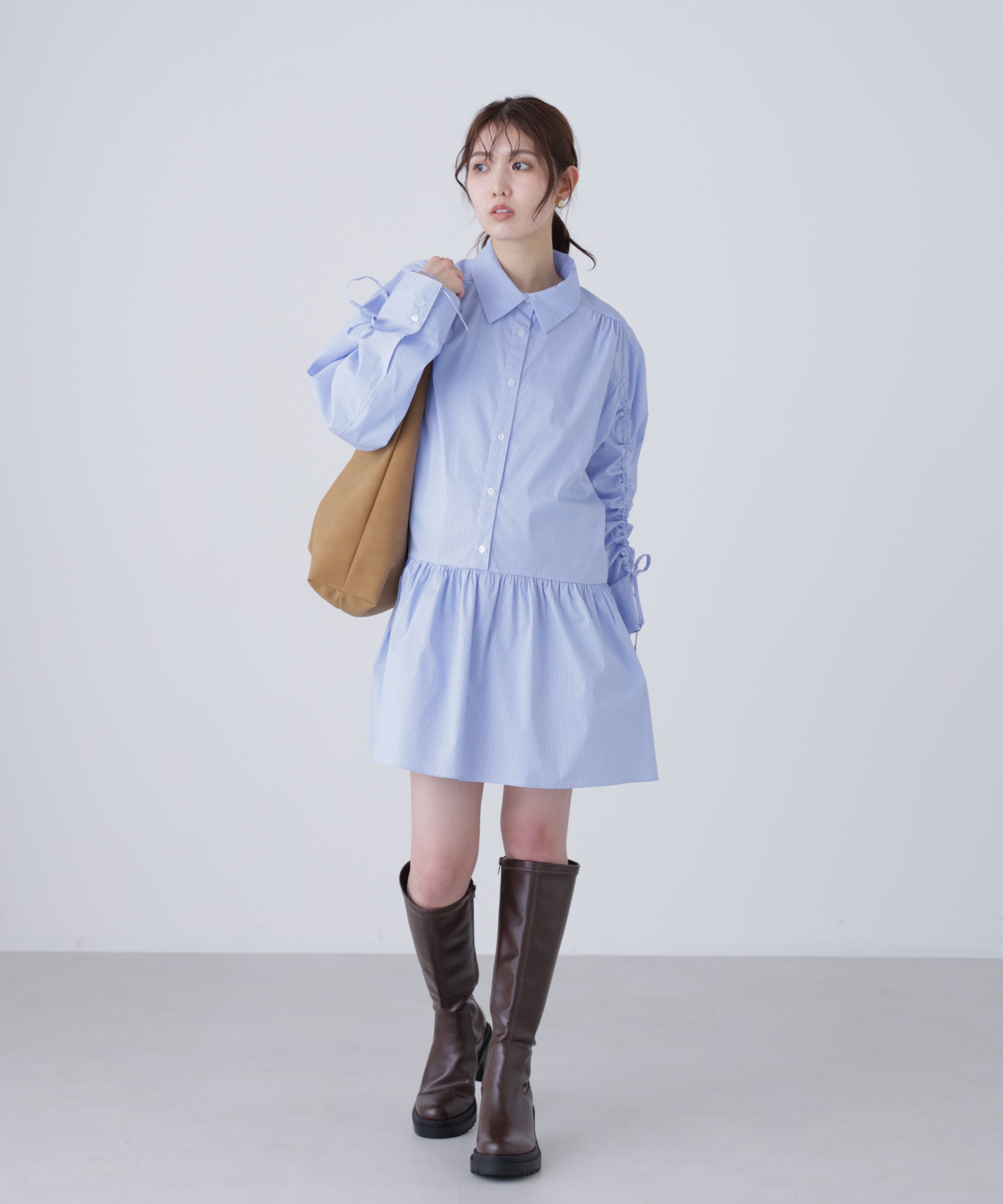  「袖ドロストティアードシャツミニワンピース」|ワンピース|