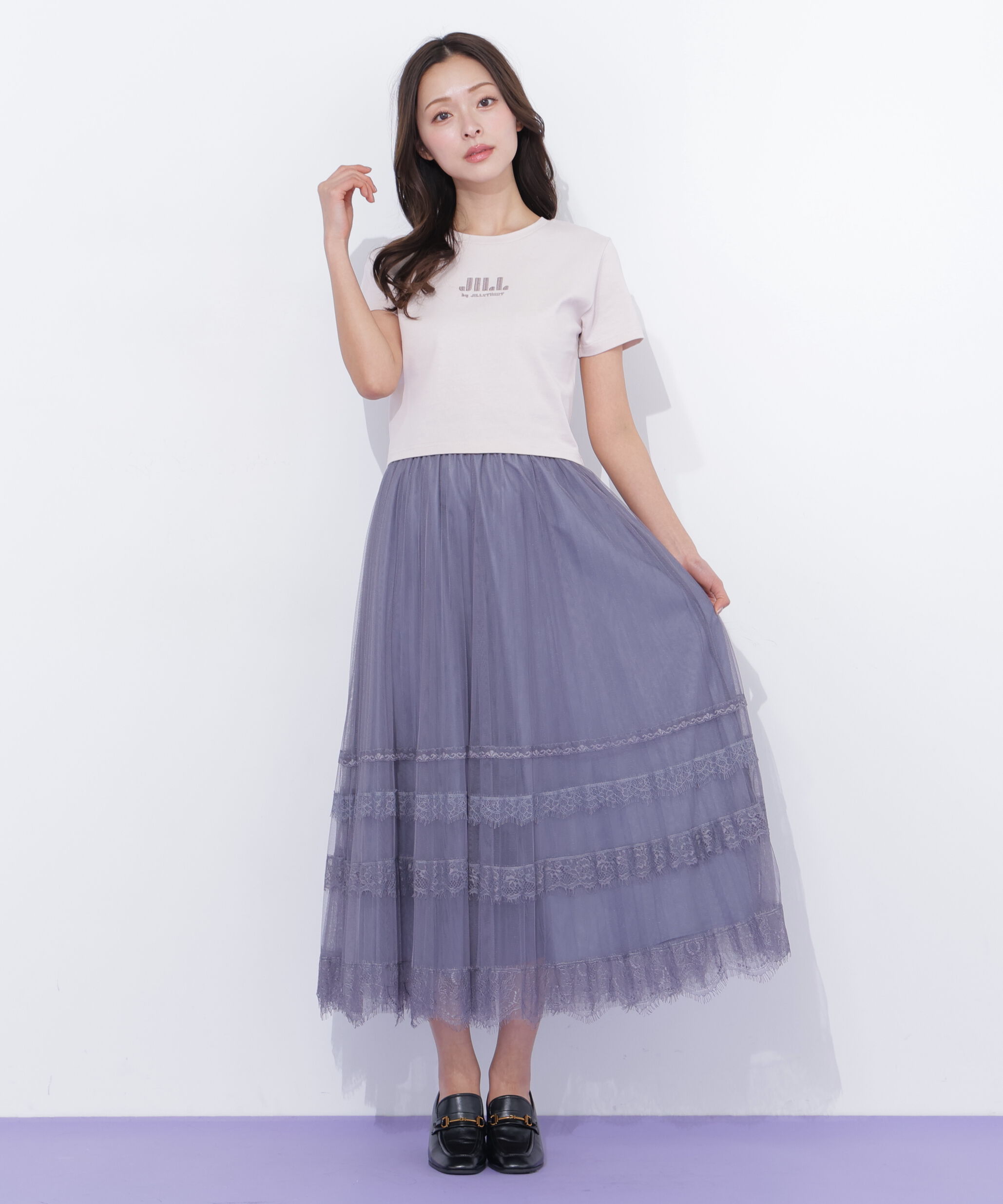  「ヘムレースプリーツチュールスカート」|スカート|チャコール