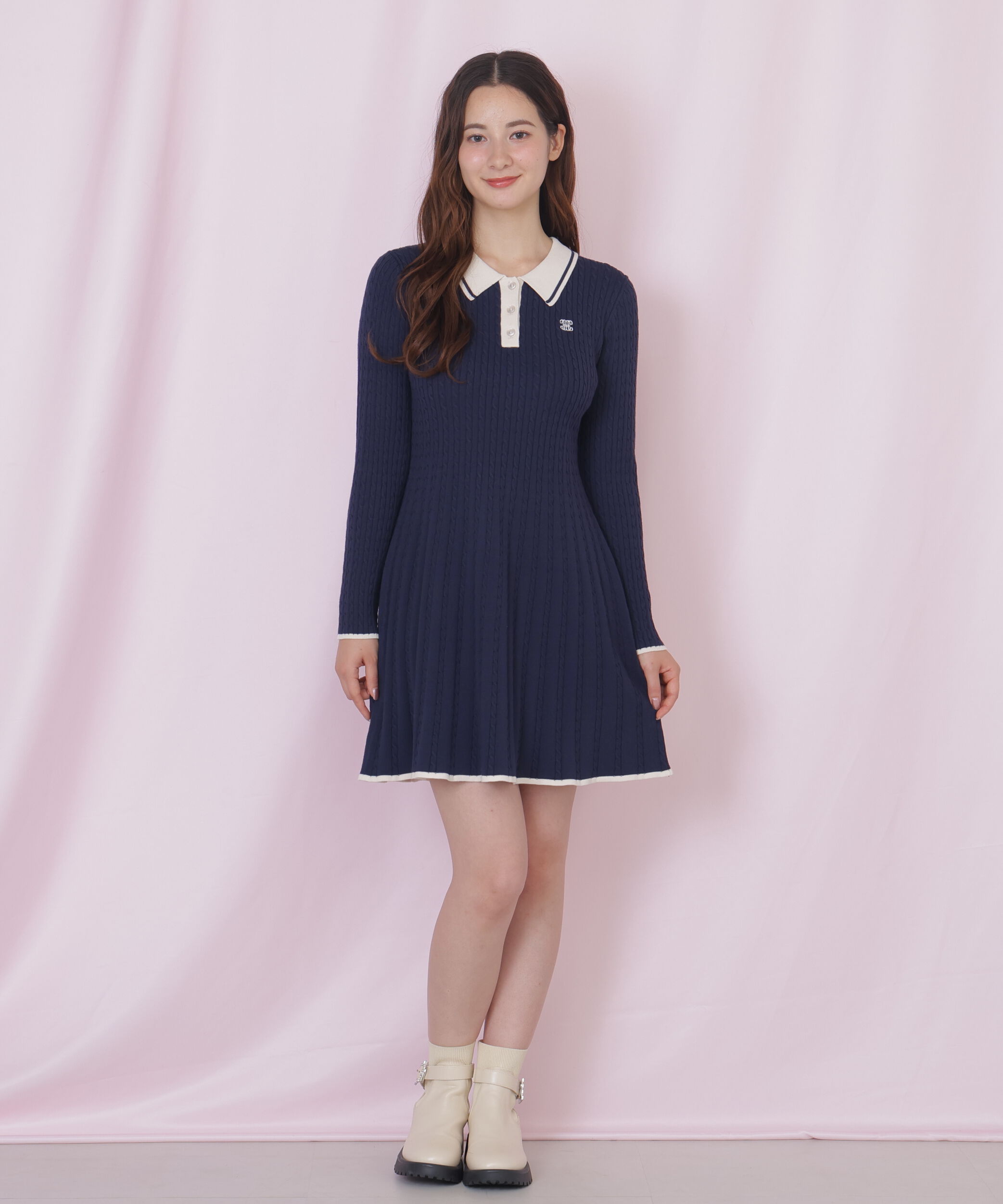  「ポロ襟ケーブルミニワンピース」|ワンピース|