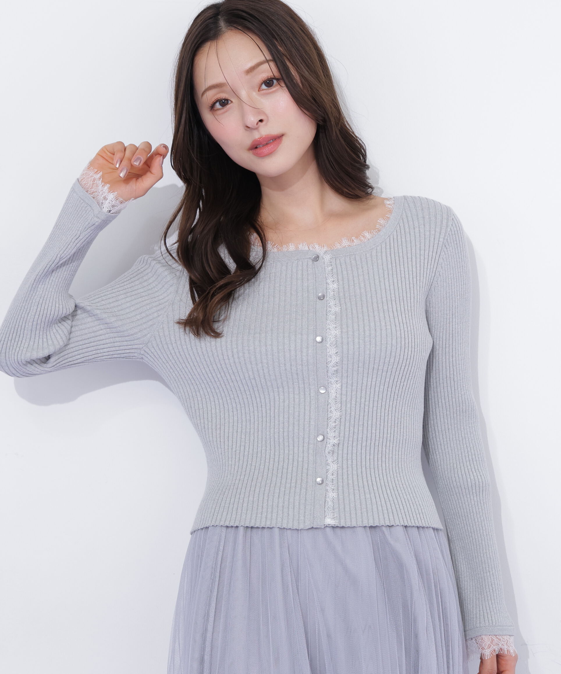  「レーストリミングリブニット」|ニット・セーター|グレー