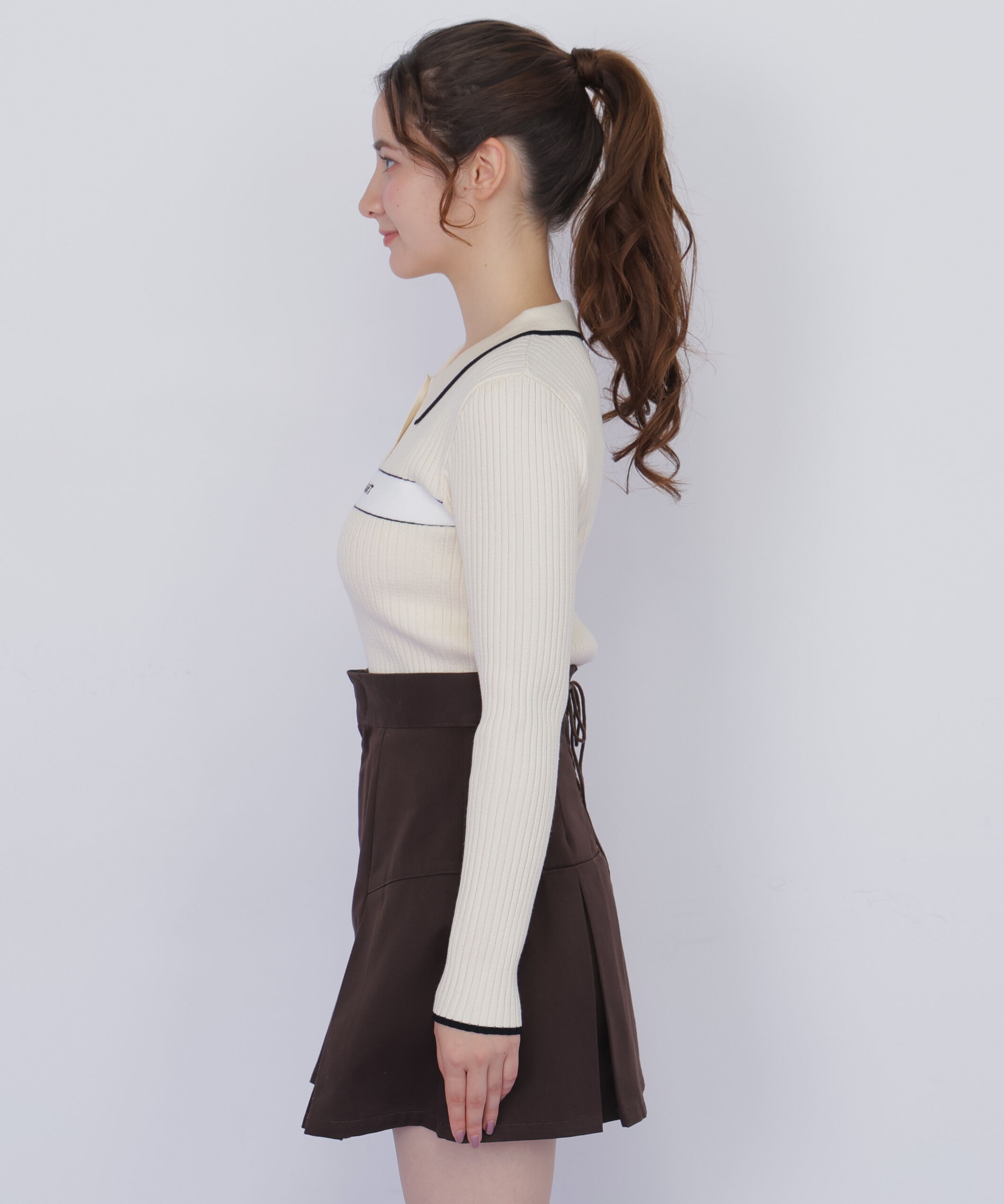  「ポロ襟配色ラインリブニット」|ニット・セーター|