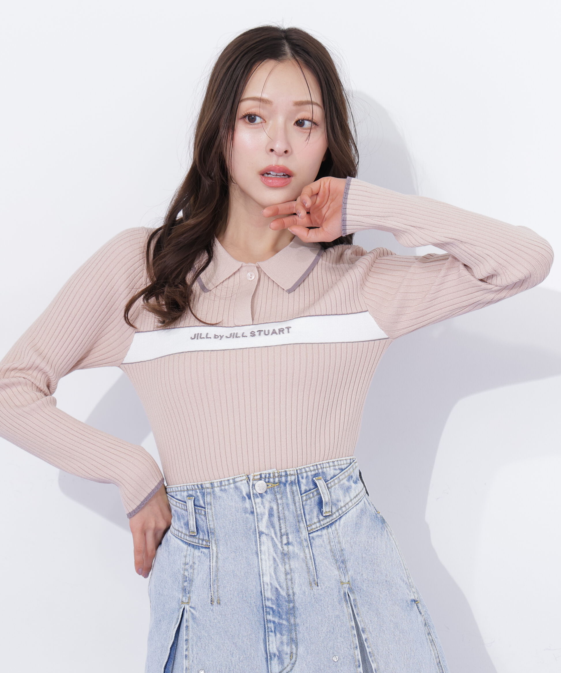  「ポロ襟配色ラインリブニット」|ニット・セーター|