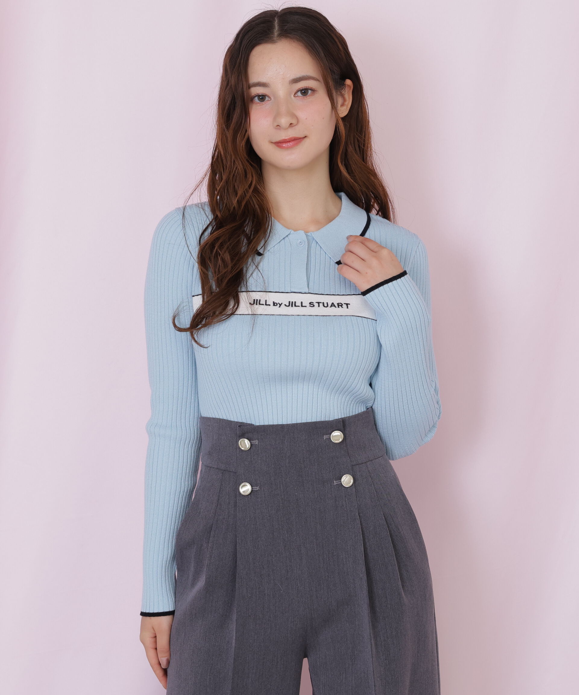  「ポロ襟配色ラインリブニット」|ニット・セーター|