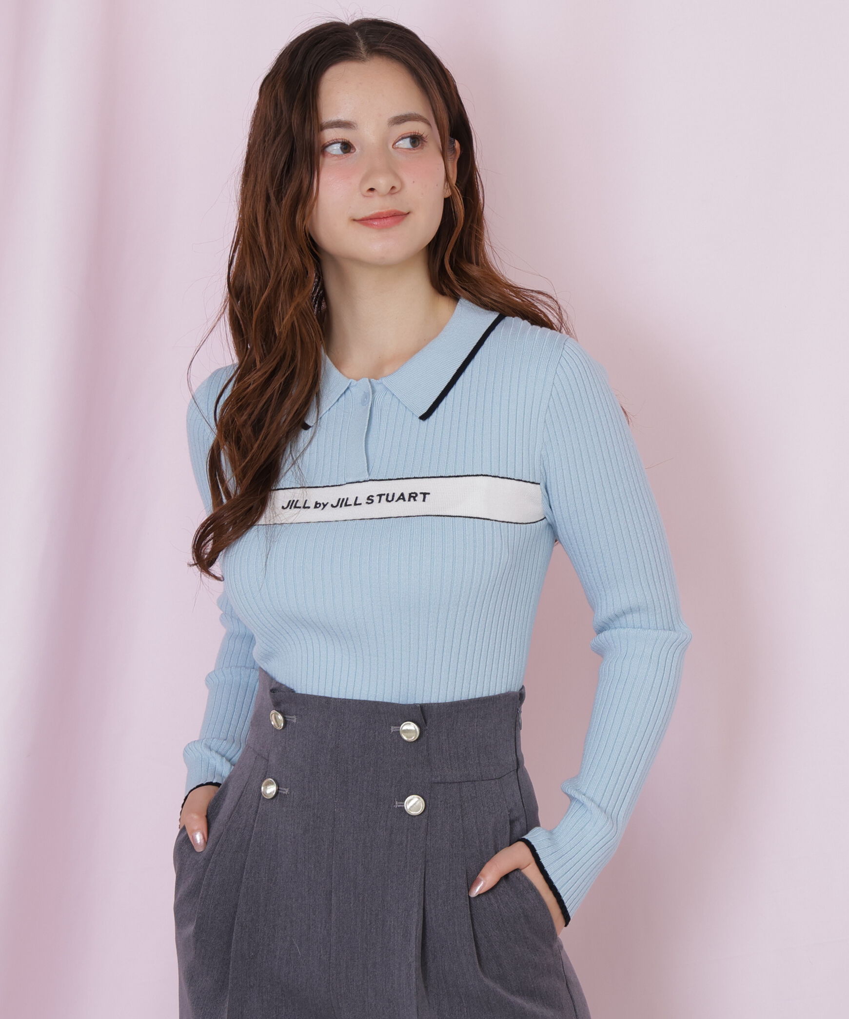  「ポロ襟配色ラインリブニット」|ニット・セーター|