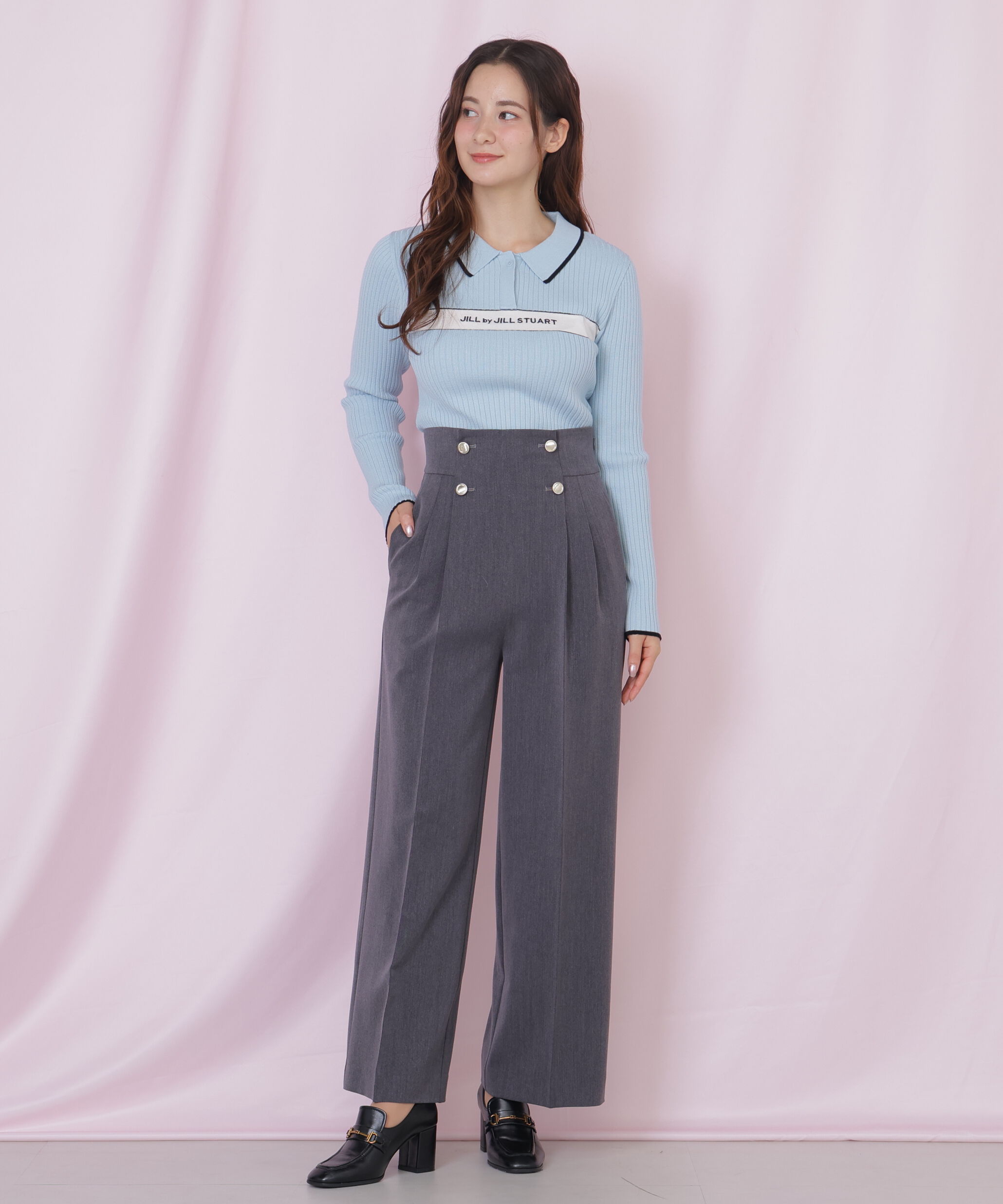  「ポロ襟配色ラインリブニット」|ニット・セーター|