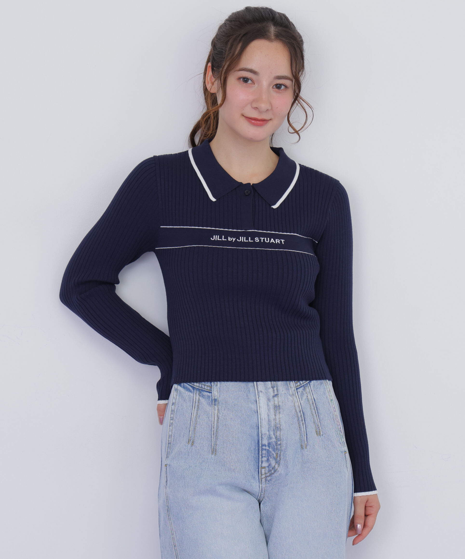  「ポロ襟配色ラインリブニット」|ニット・セーター|ネイビー