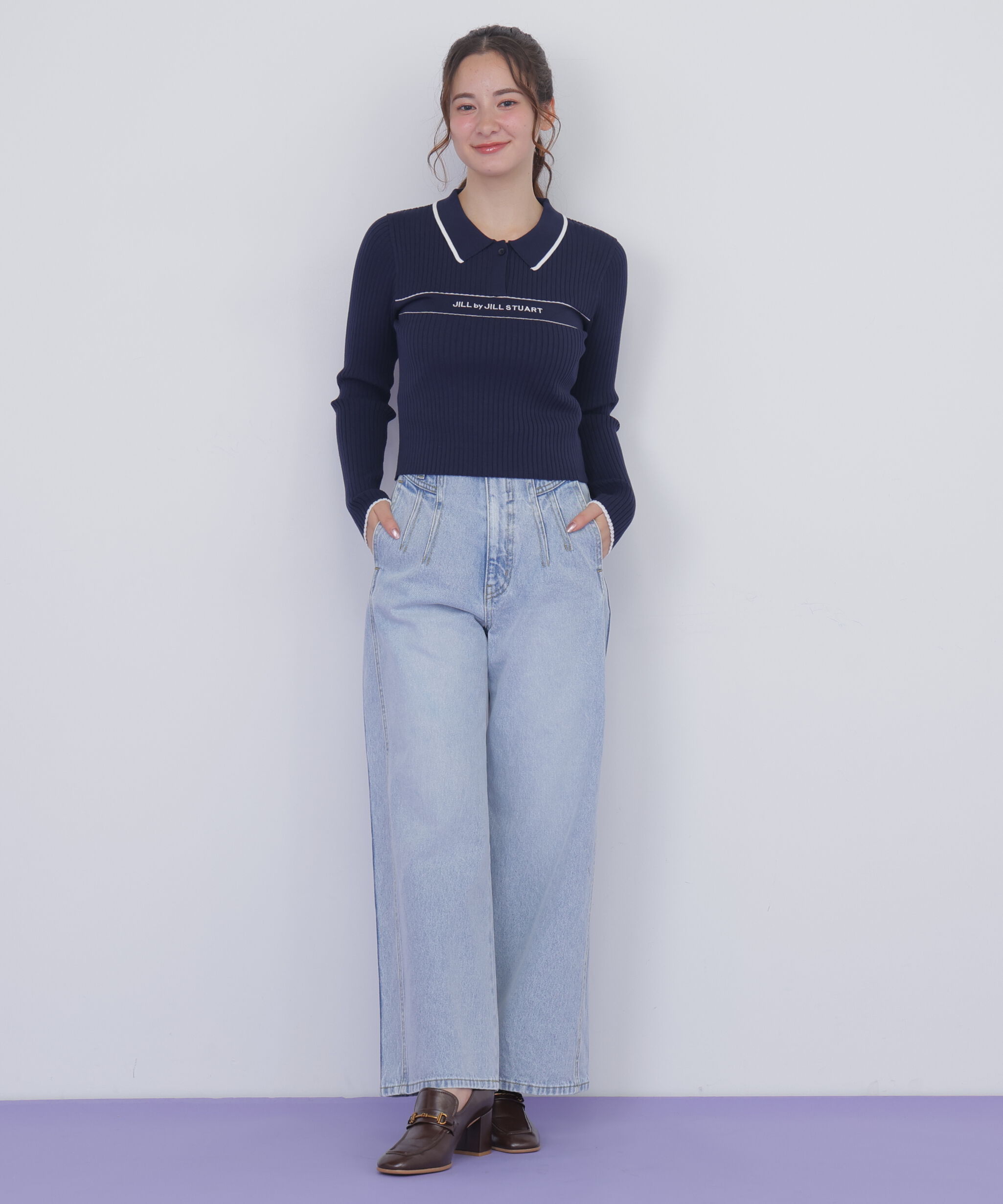  「ポロ襟配色ラインリブニット」|ニット・セーター|