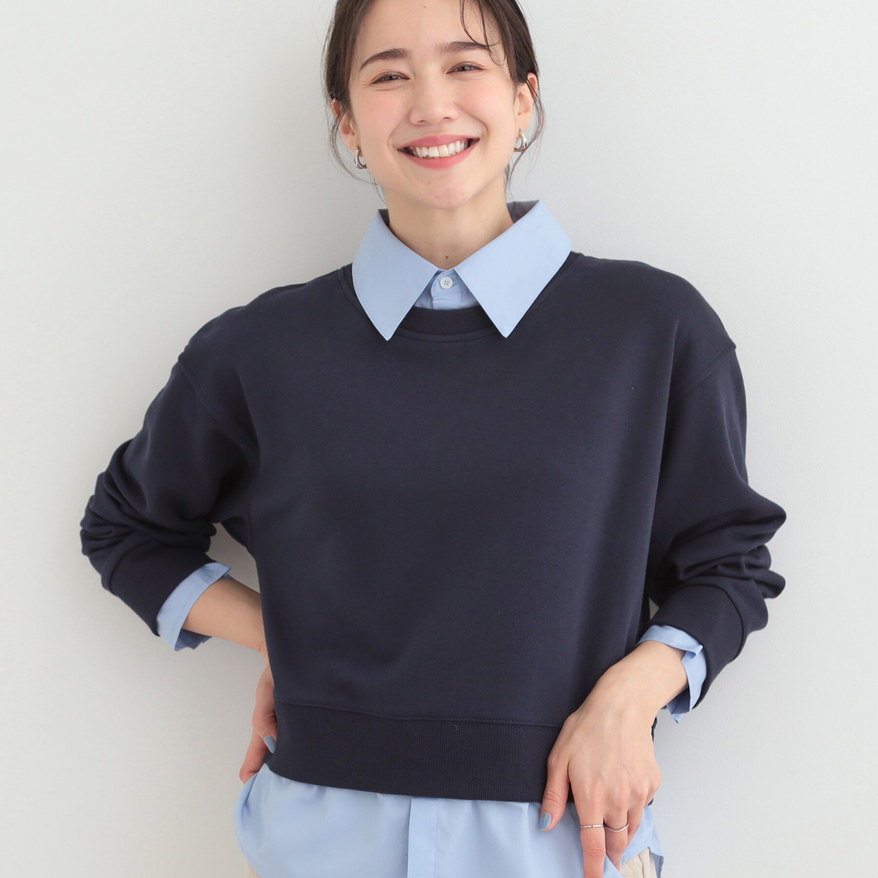 SHOO･LA･RUE「シャツレイヤード風 スウェット」|パーカー|ネイビー(094)