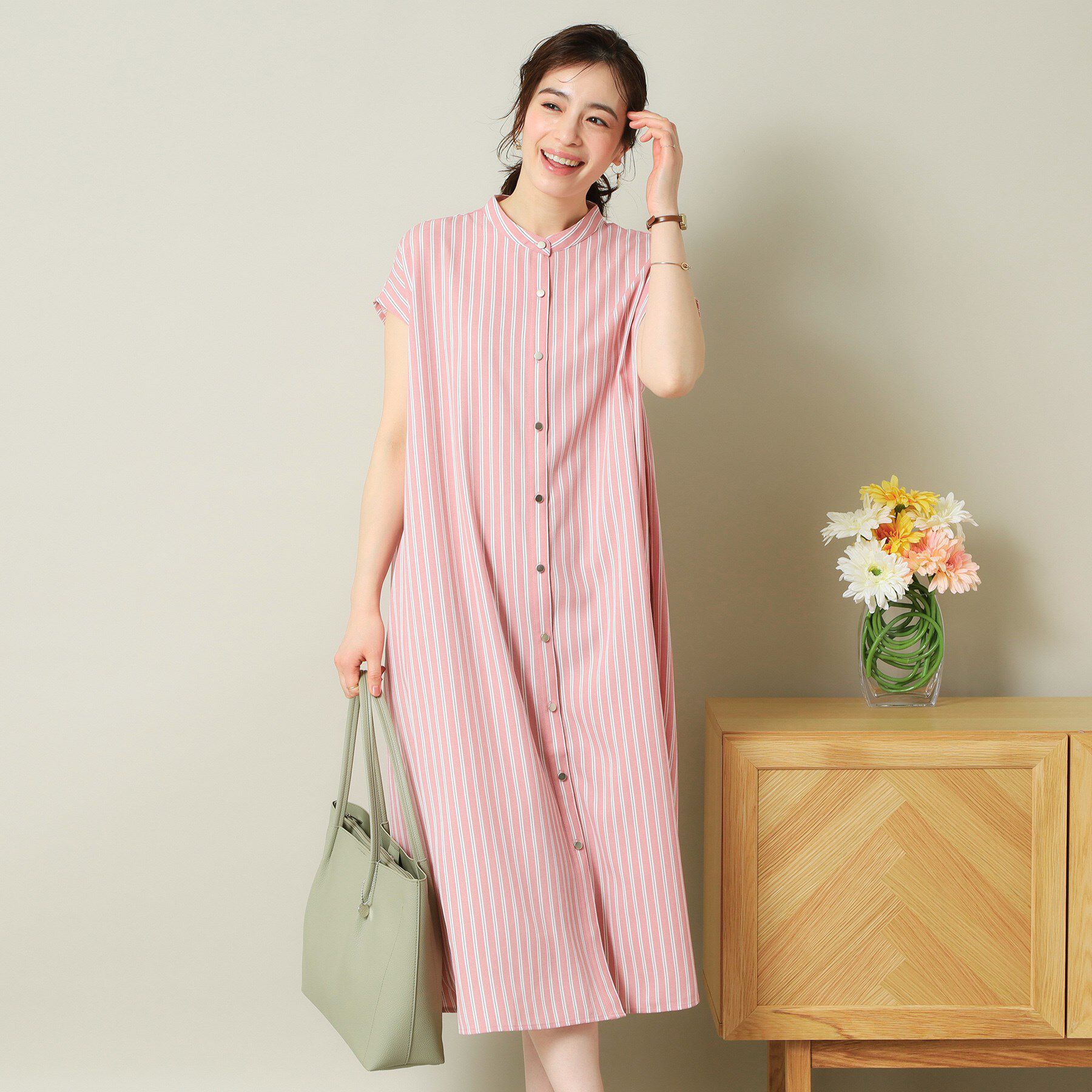 ITS&rsquo;DEMO「【UVケア／吸水速乾／洗濯機OK／冷感】麻調合繊前開きワンピース＜ラク服シリーズ＞」|ワンピース|ピンク(371)